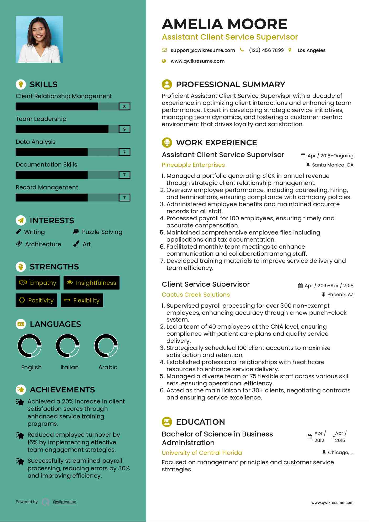 Assistant Client Service Supervisor Resume Sample