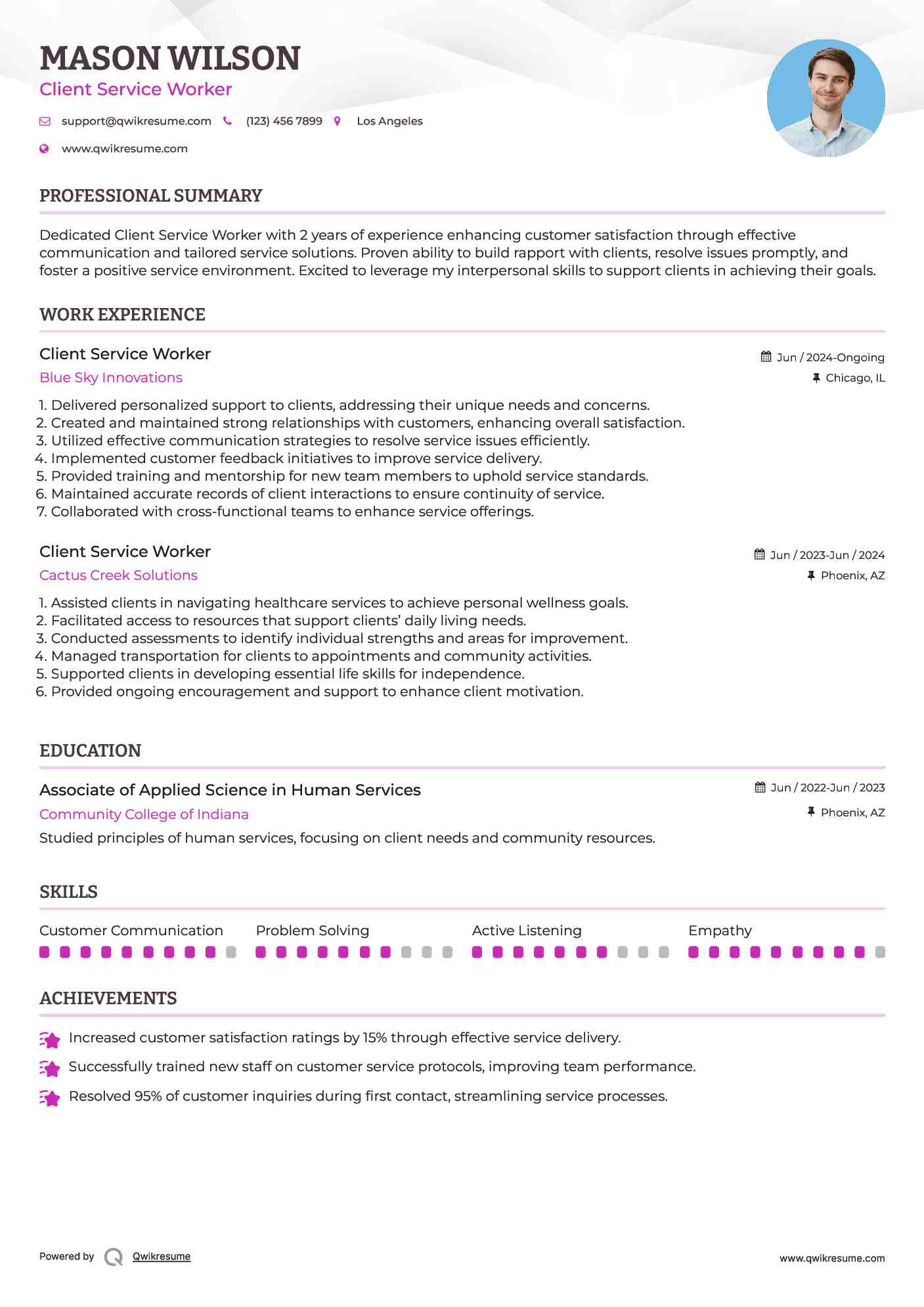 Client Service Worker Resume Example