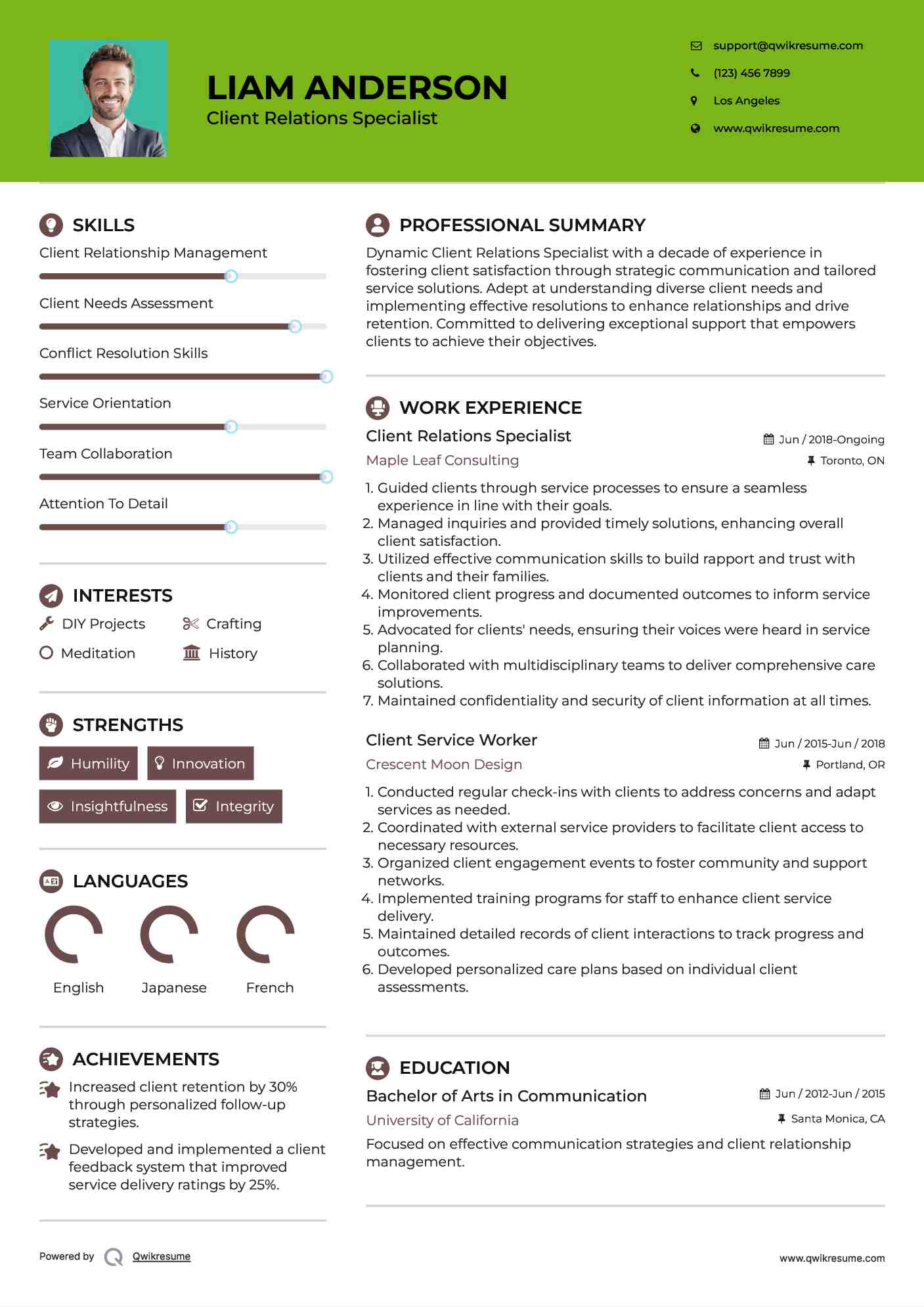 Client Relations Specialist Resume Sample