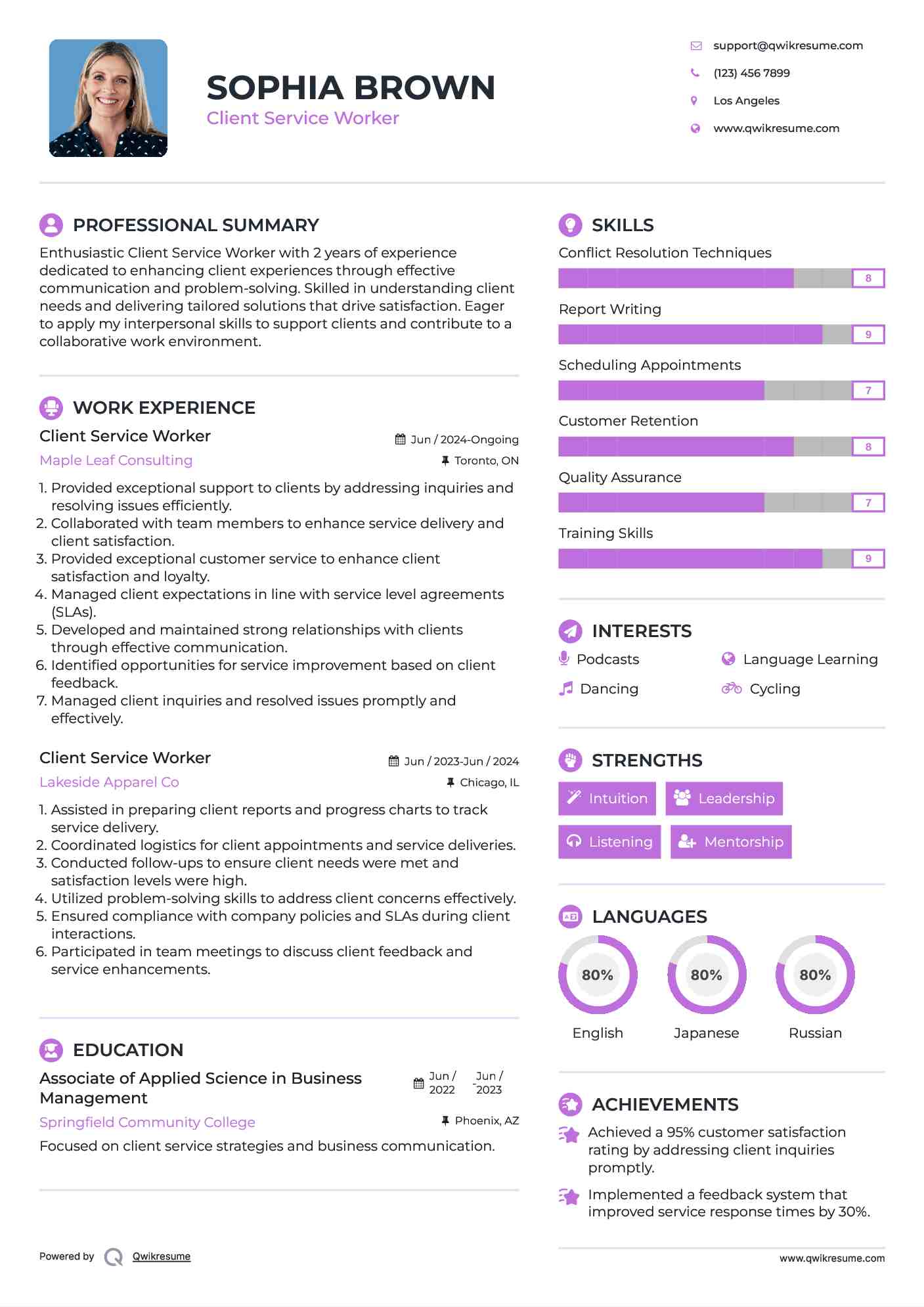 Client Service Worker Resume Format