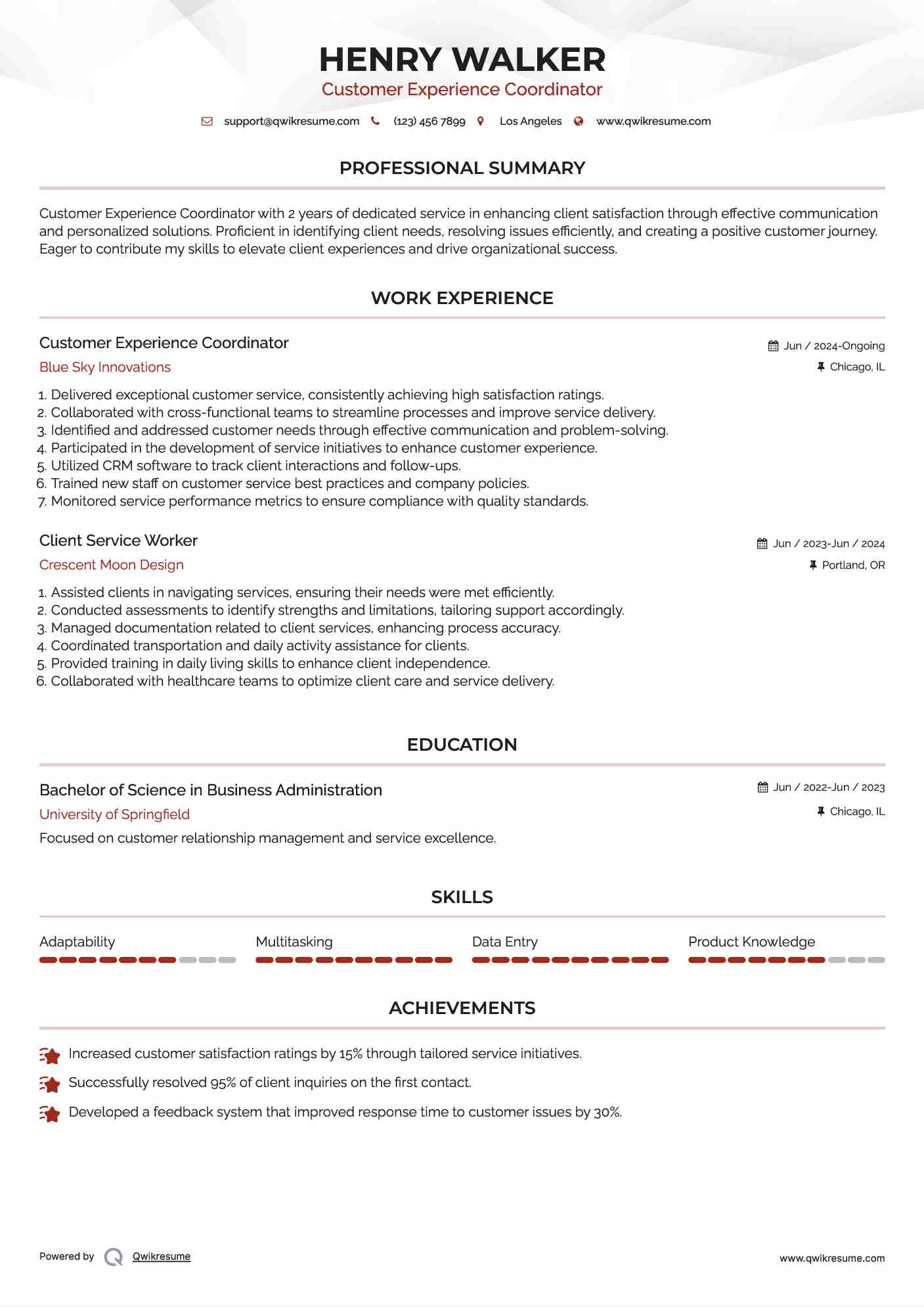 Customer Experience Coordinator Resume Format