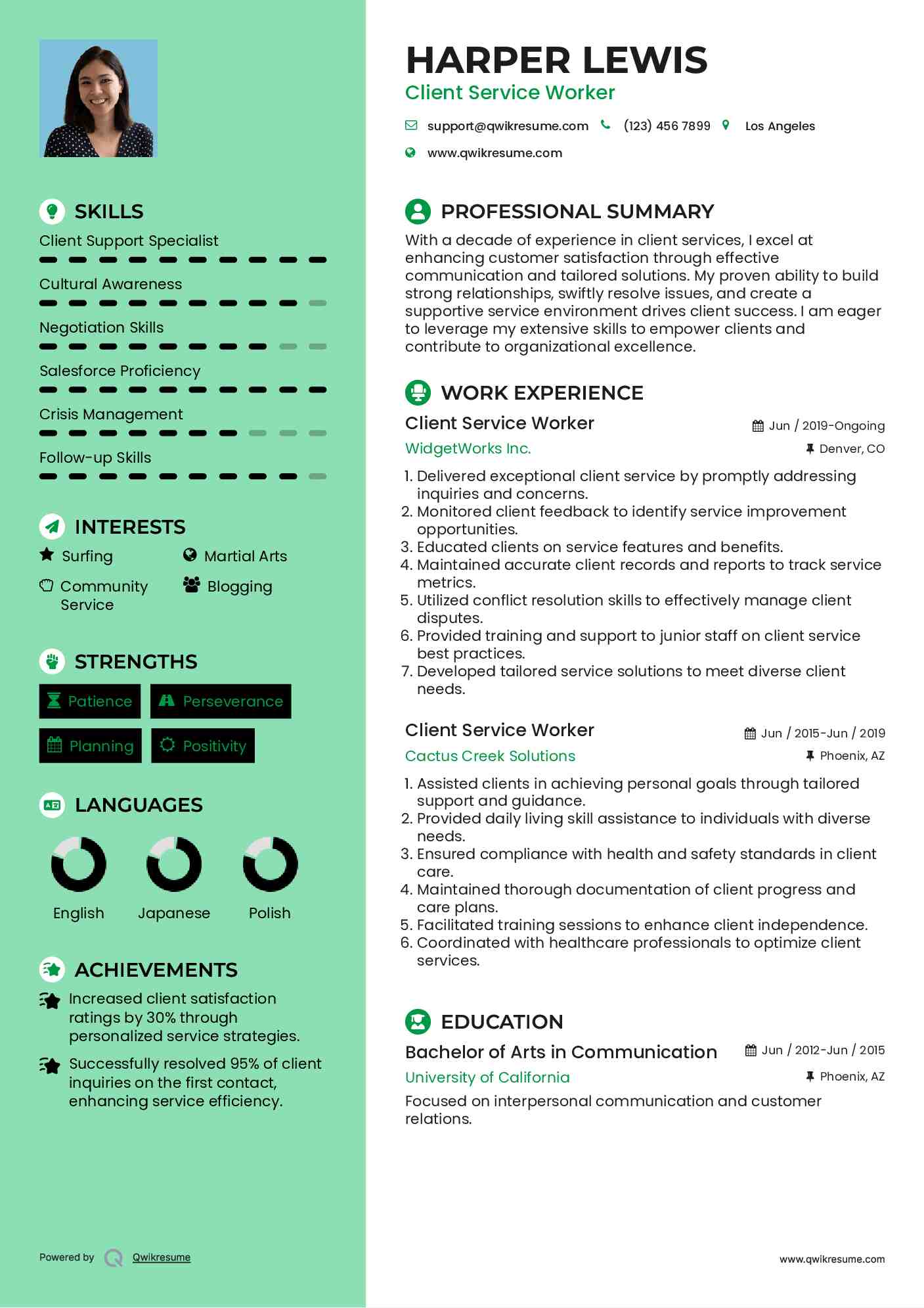 Client Service Worker Resume Template