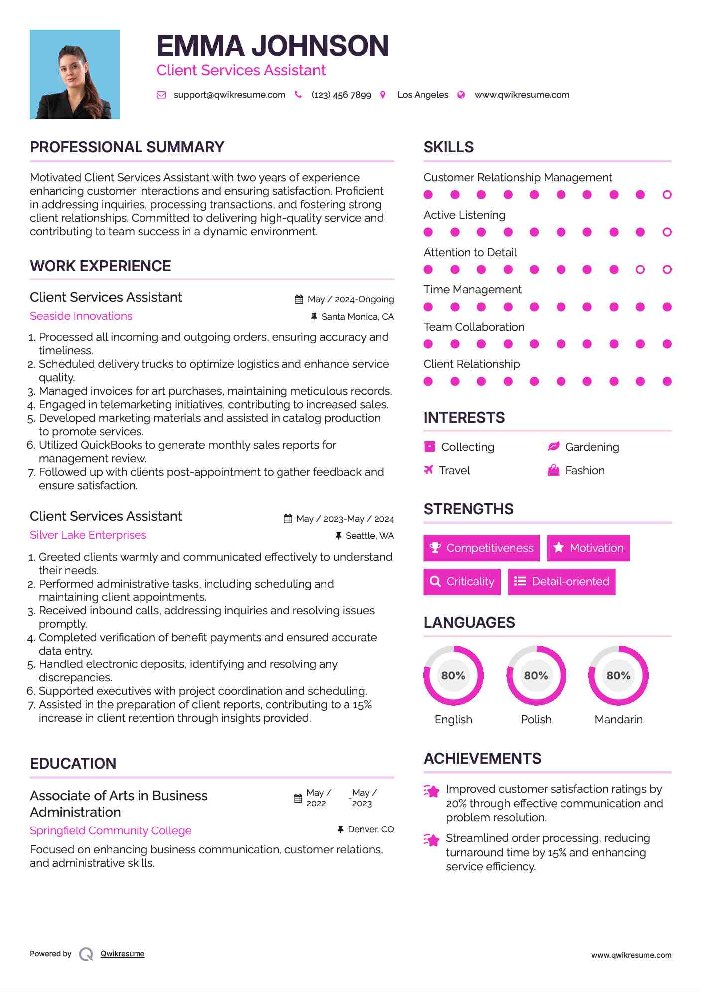 Client Services Assistant Resume Format