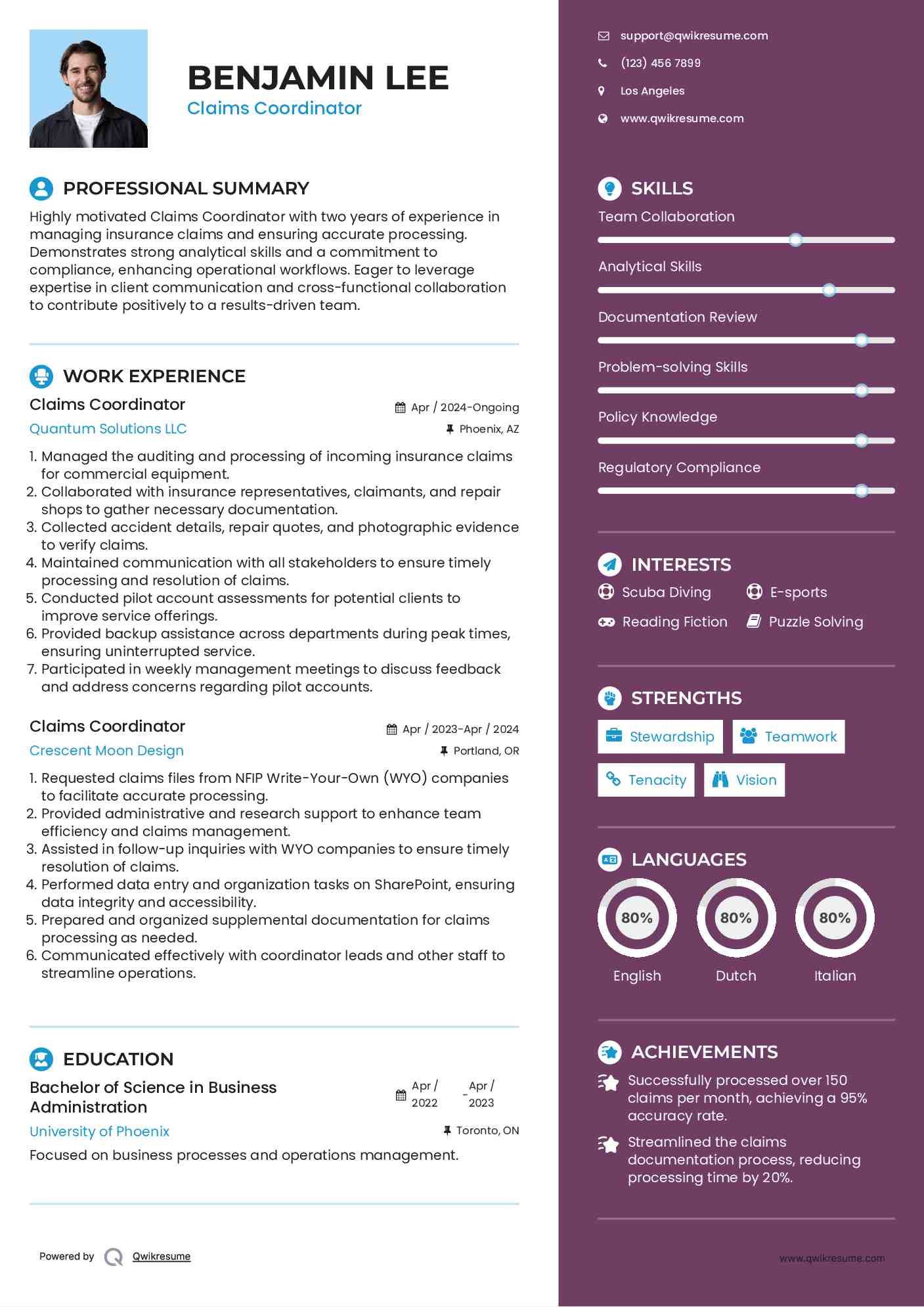 Claims Coordinator Resume Format