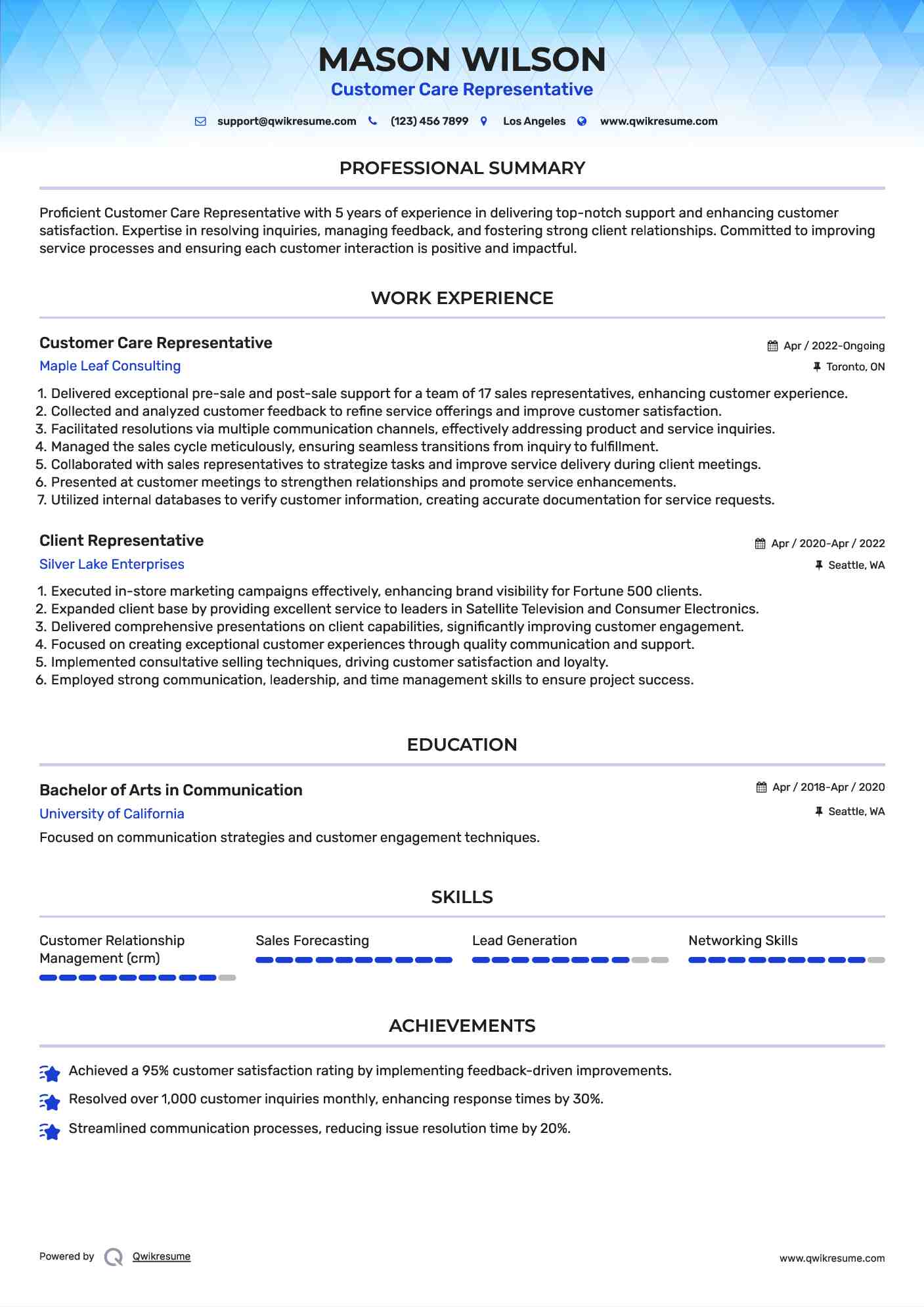 Customer Care Representative Resume Format