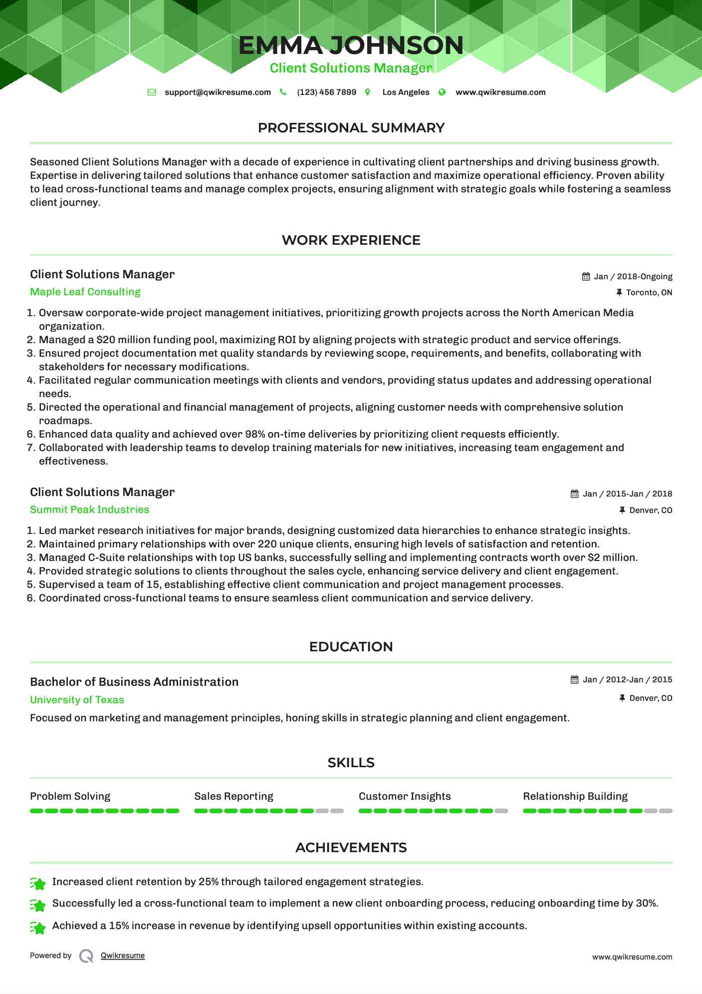 Client Solutions Manager Resume Sample