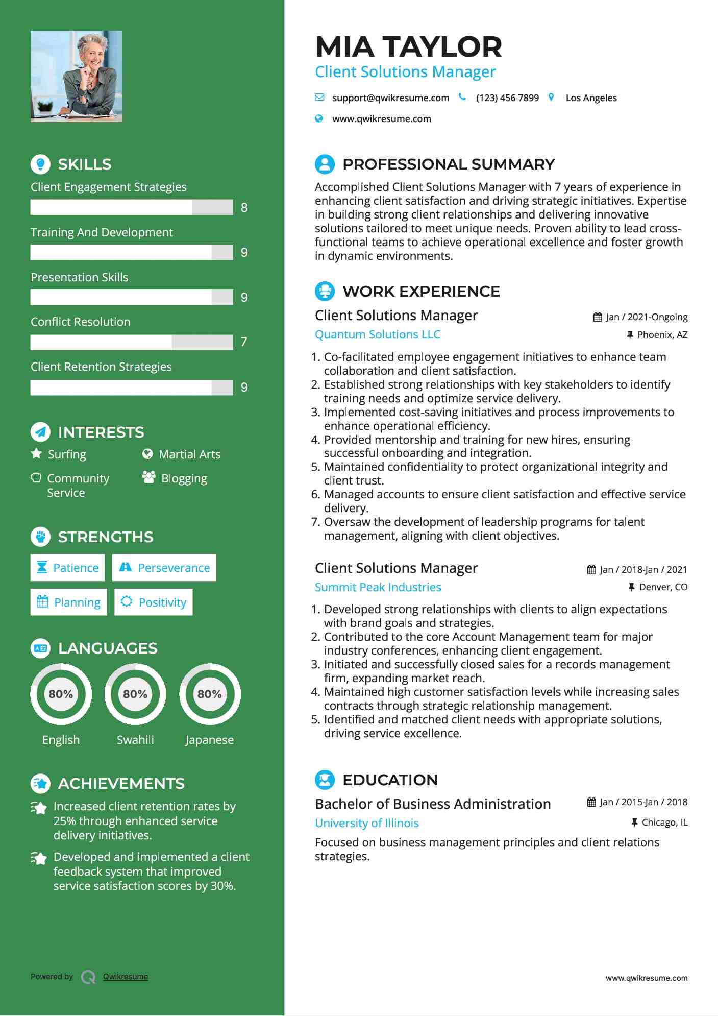 Client Solutions Manager Resume Sample