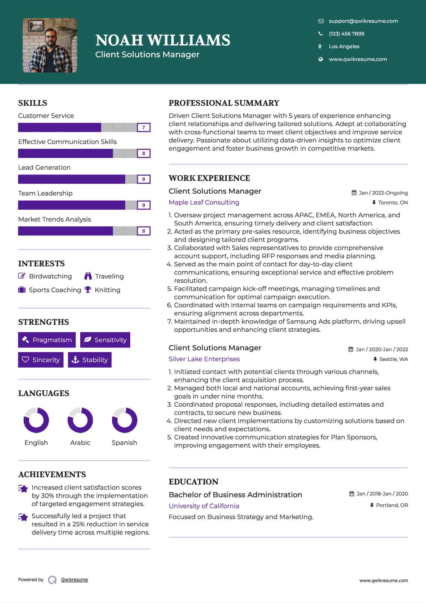 Client Solutions Manager Resume Sample