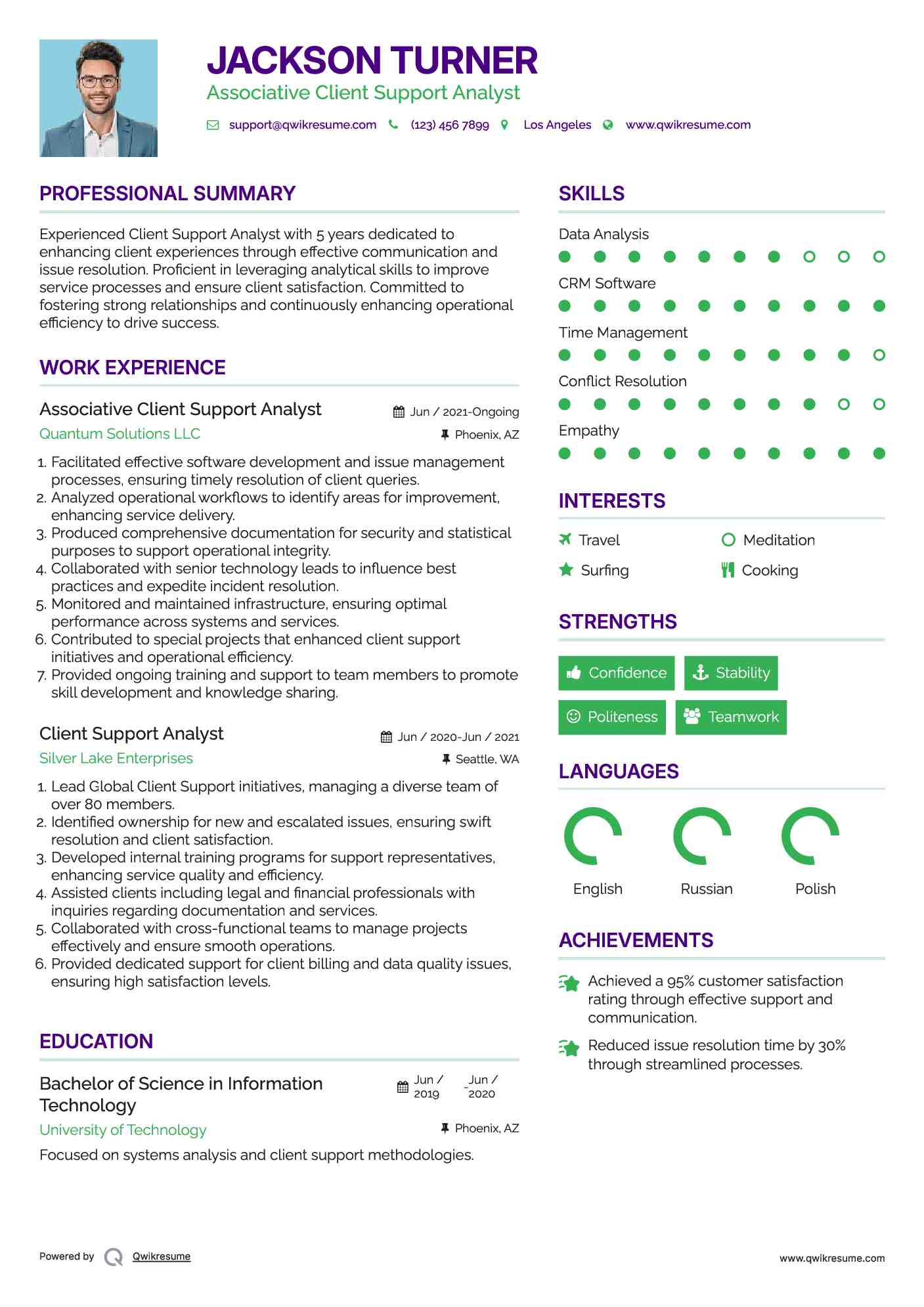 Associative Client Support Analyst Resume Example