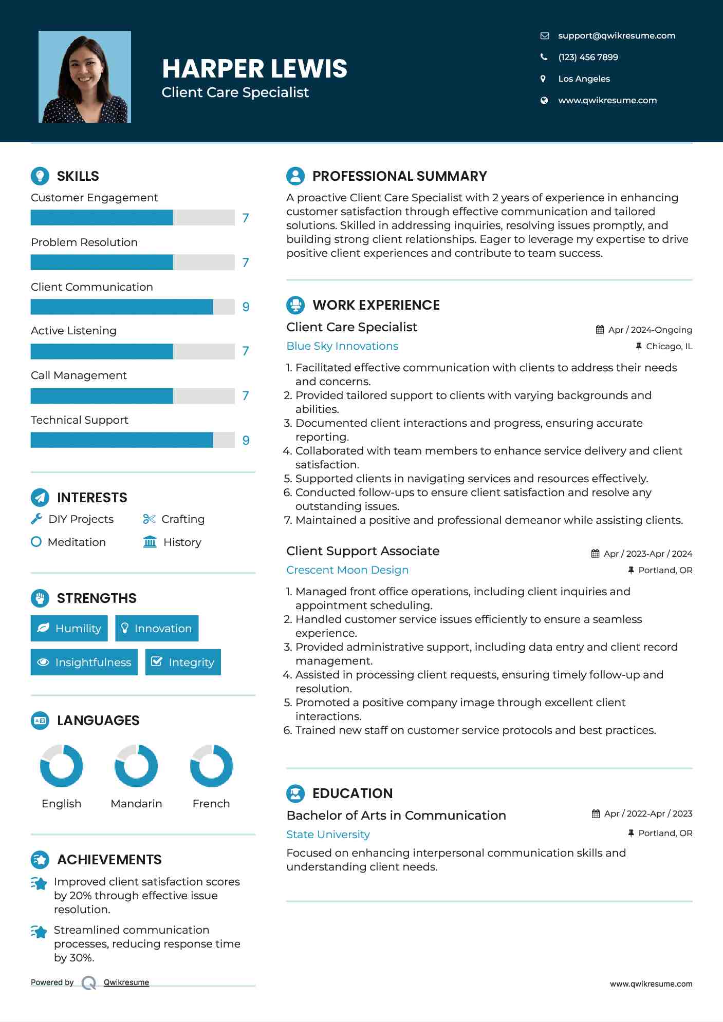 Client Care Specialist Resume Format