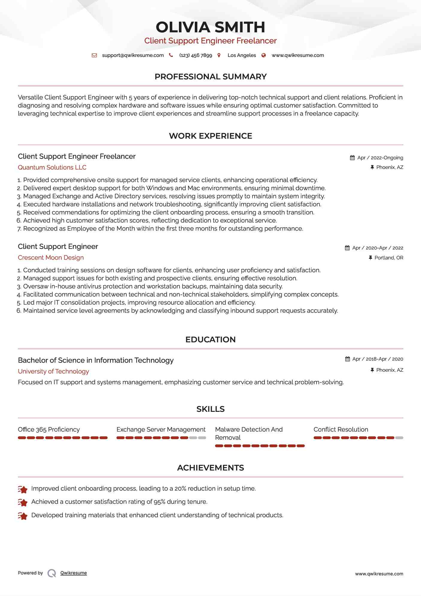Client Support Engineer Freelancer Resume Example