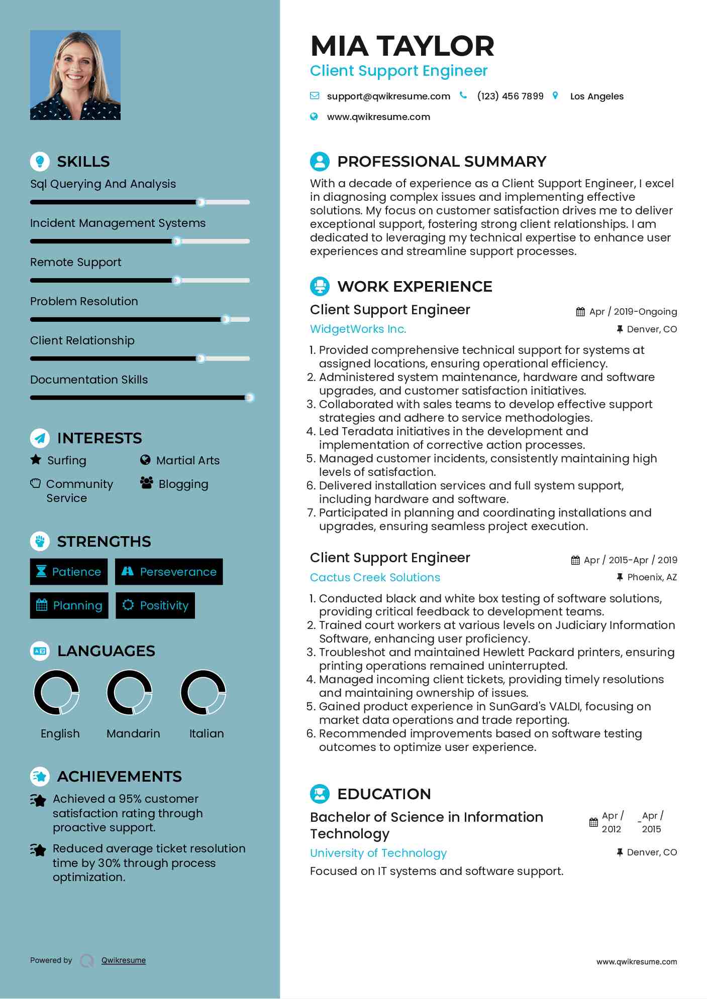 Client Support Engineer Resume Sample