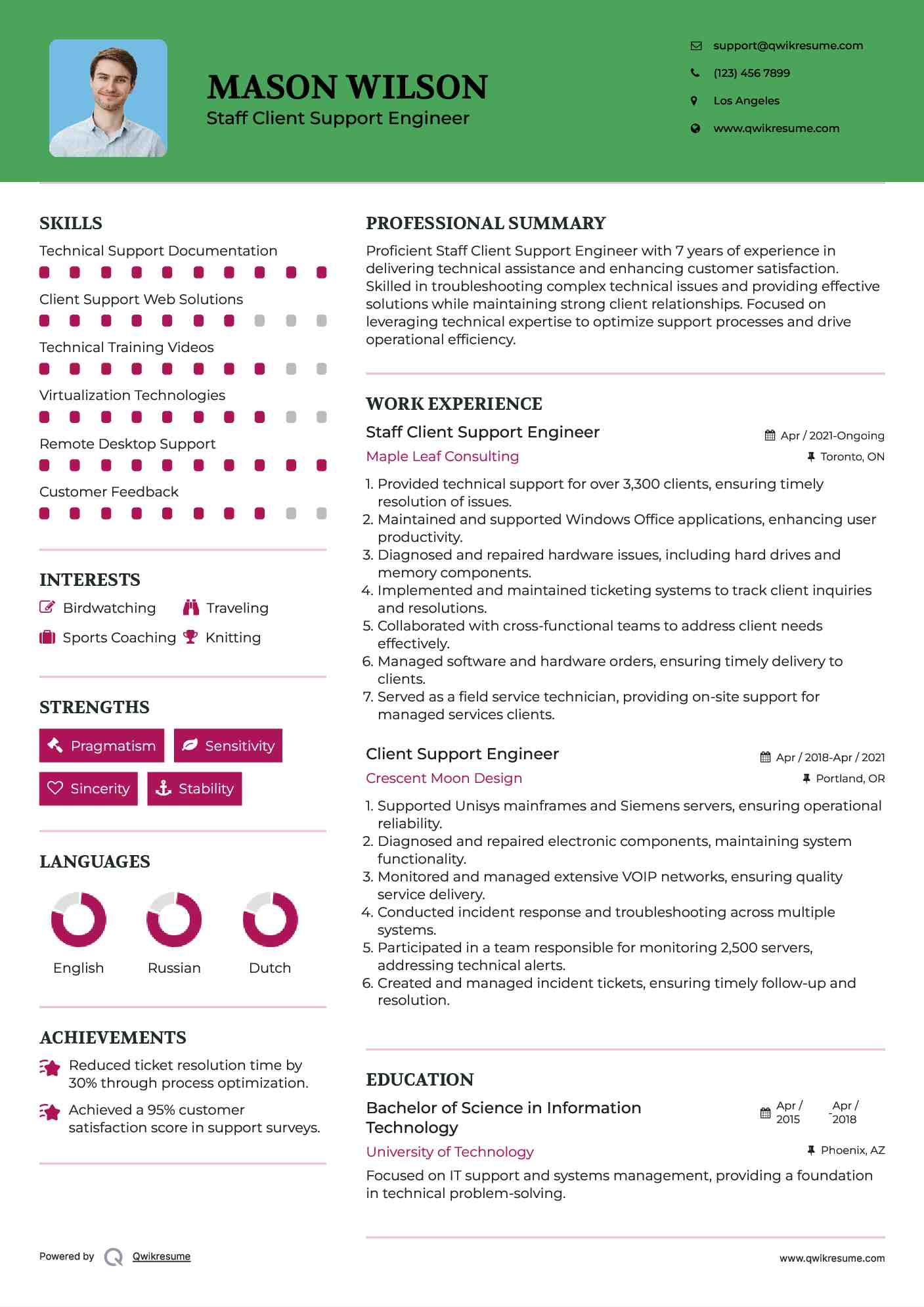 Staff Client Support Engineer
 Resume Example