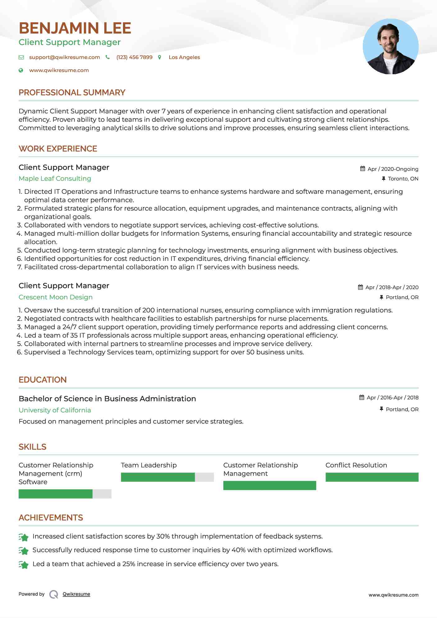 Client Support Manager Resume Template