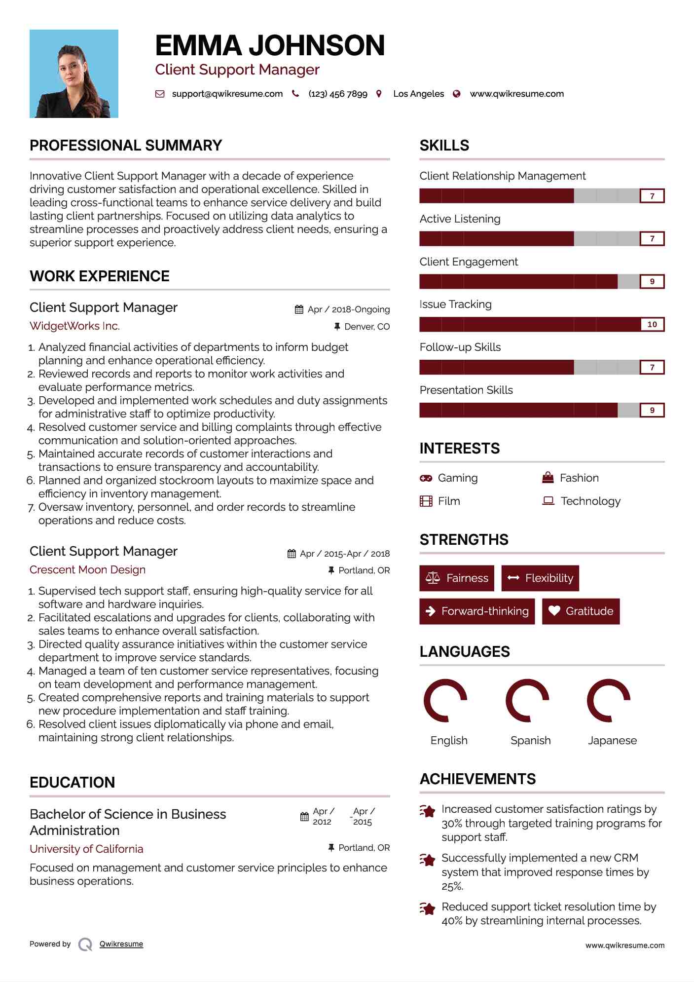 Client Support Manager Resume Sample