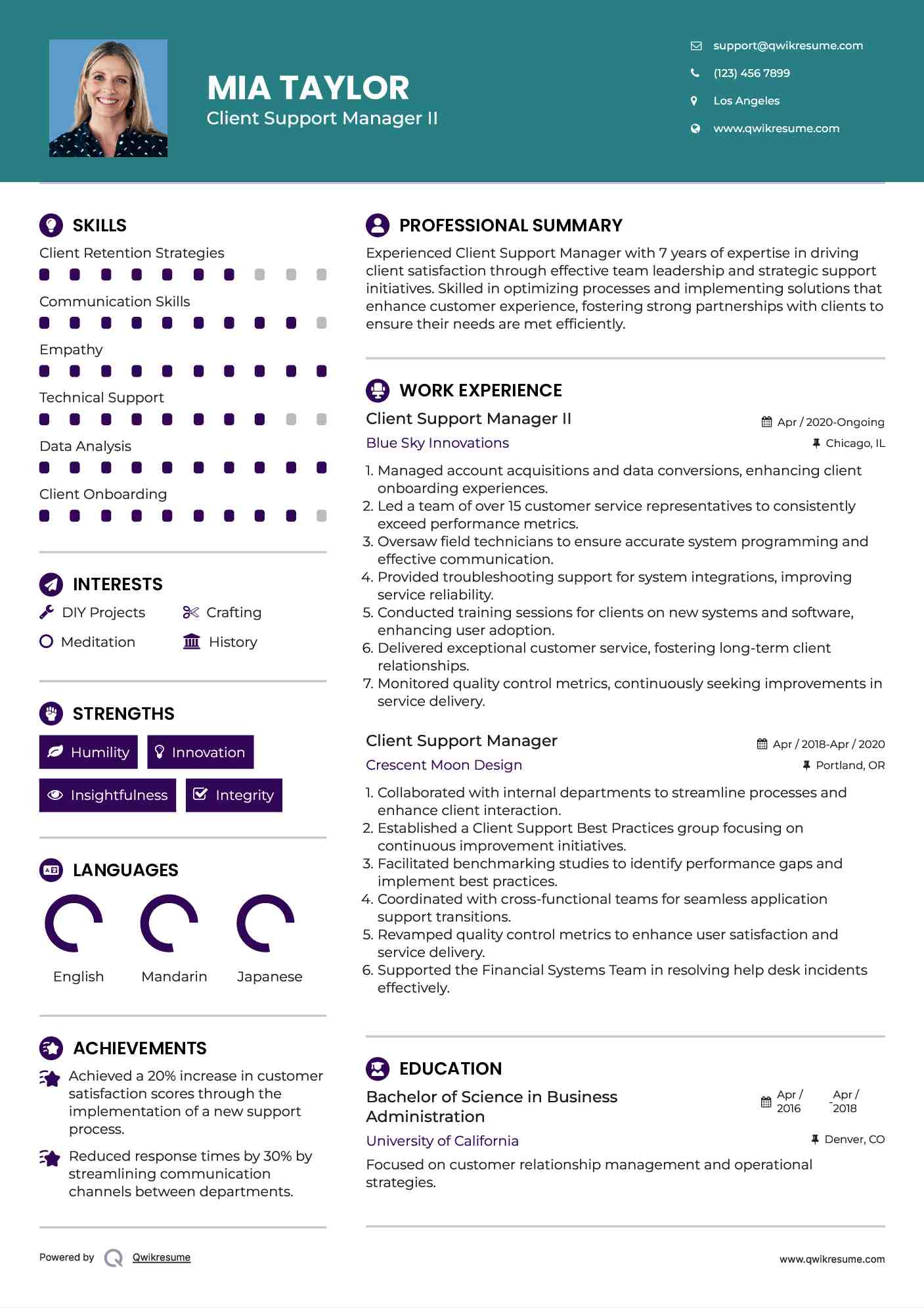 Client Support Manager II Resume Format