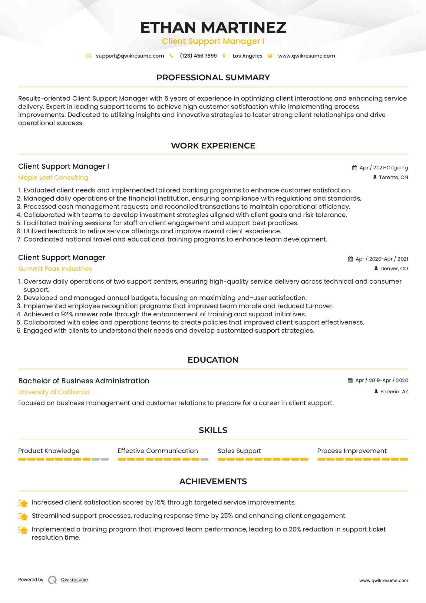 Client Support Manager I Resume Format