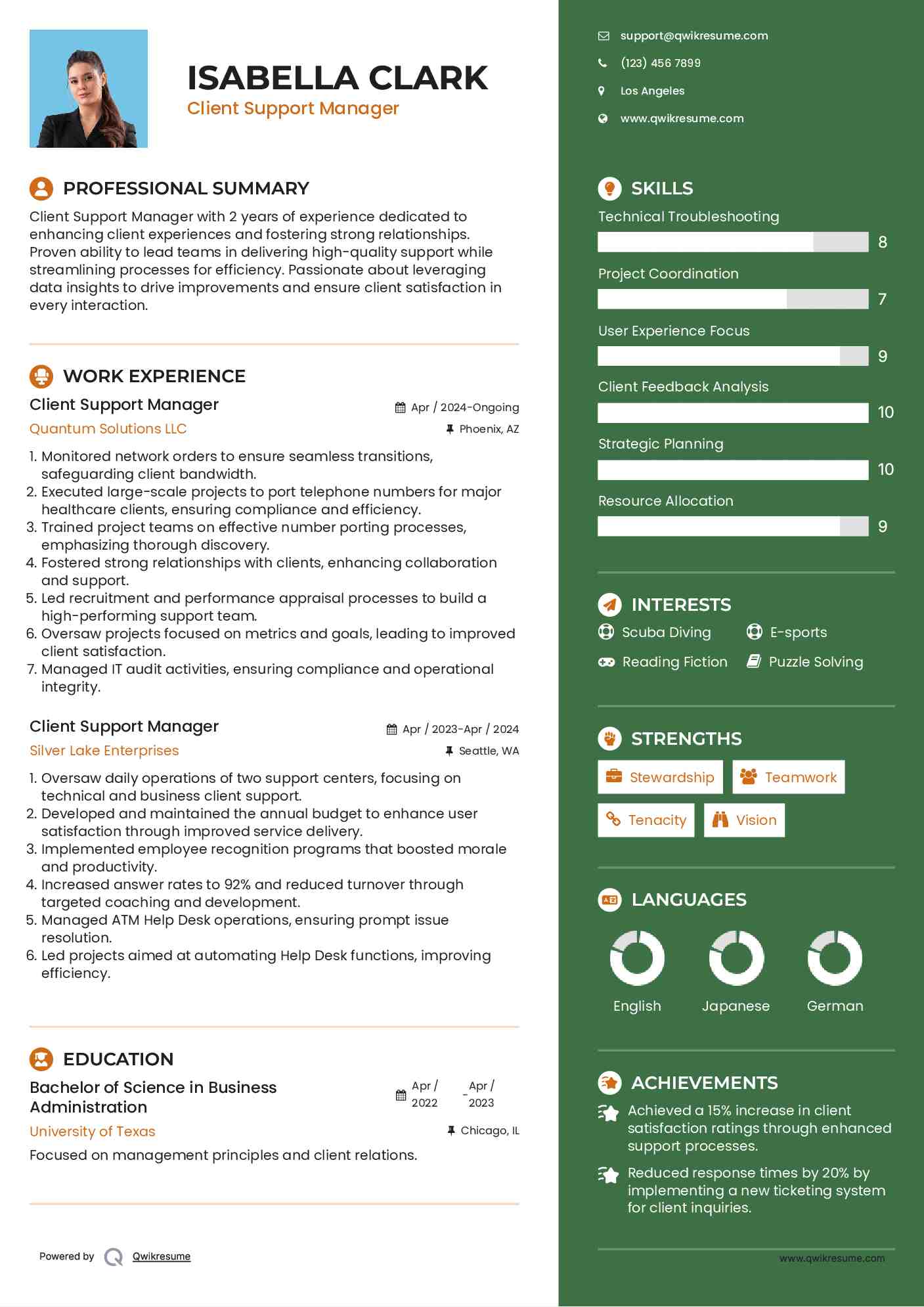Client Support Manager Resume Model