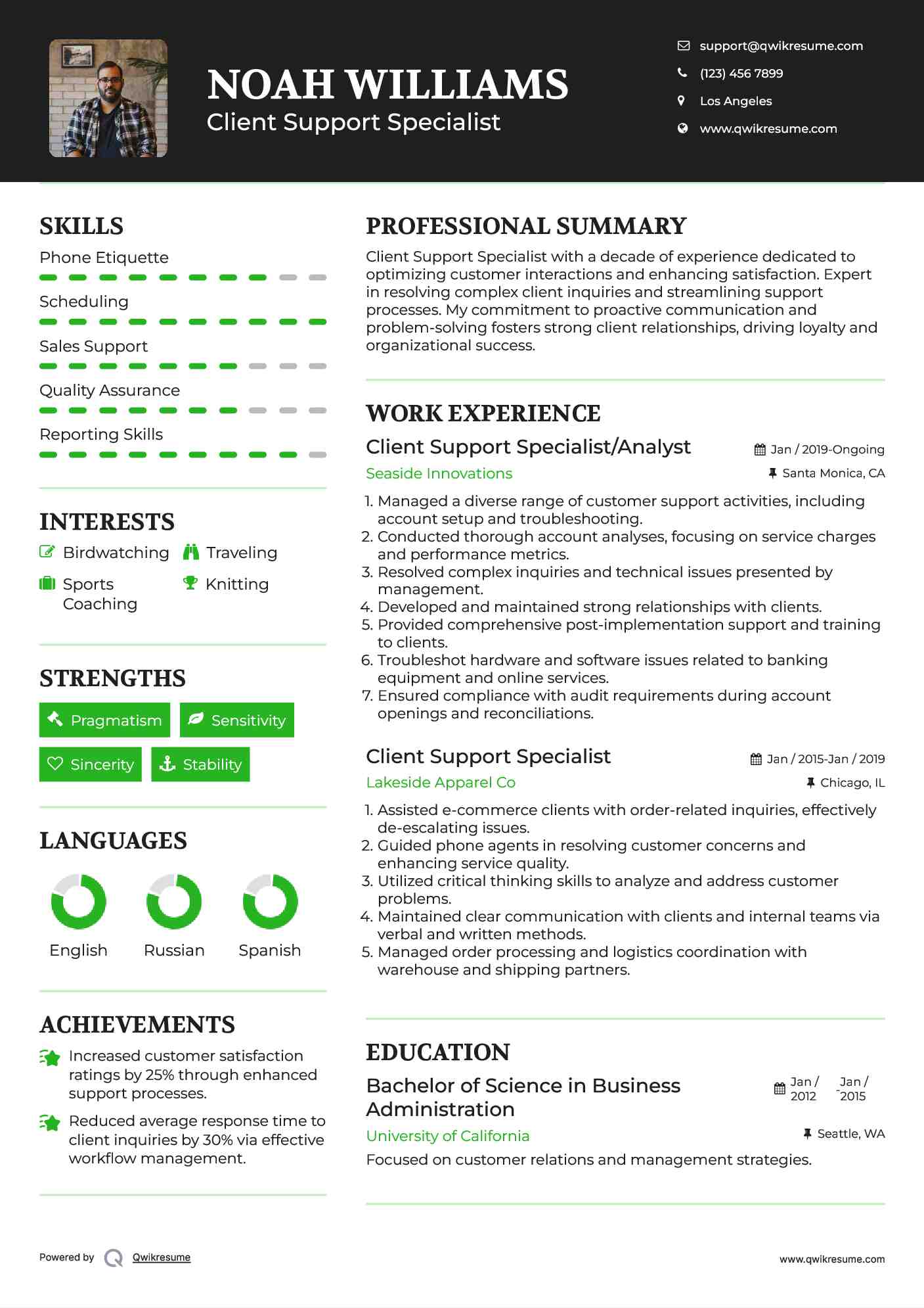 Client Support Specialist/Analyst Resume Example