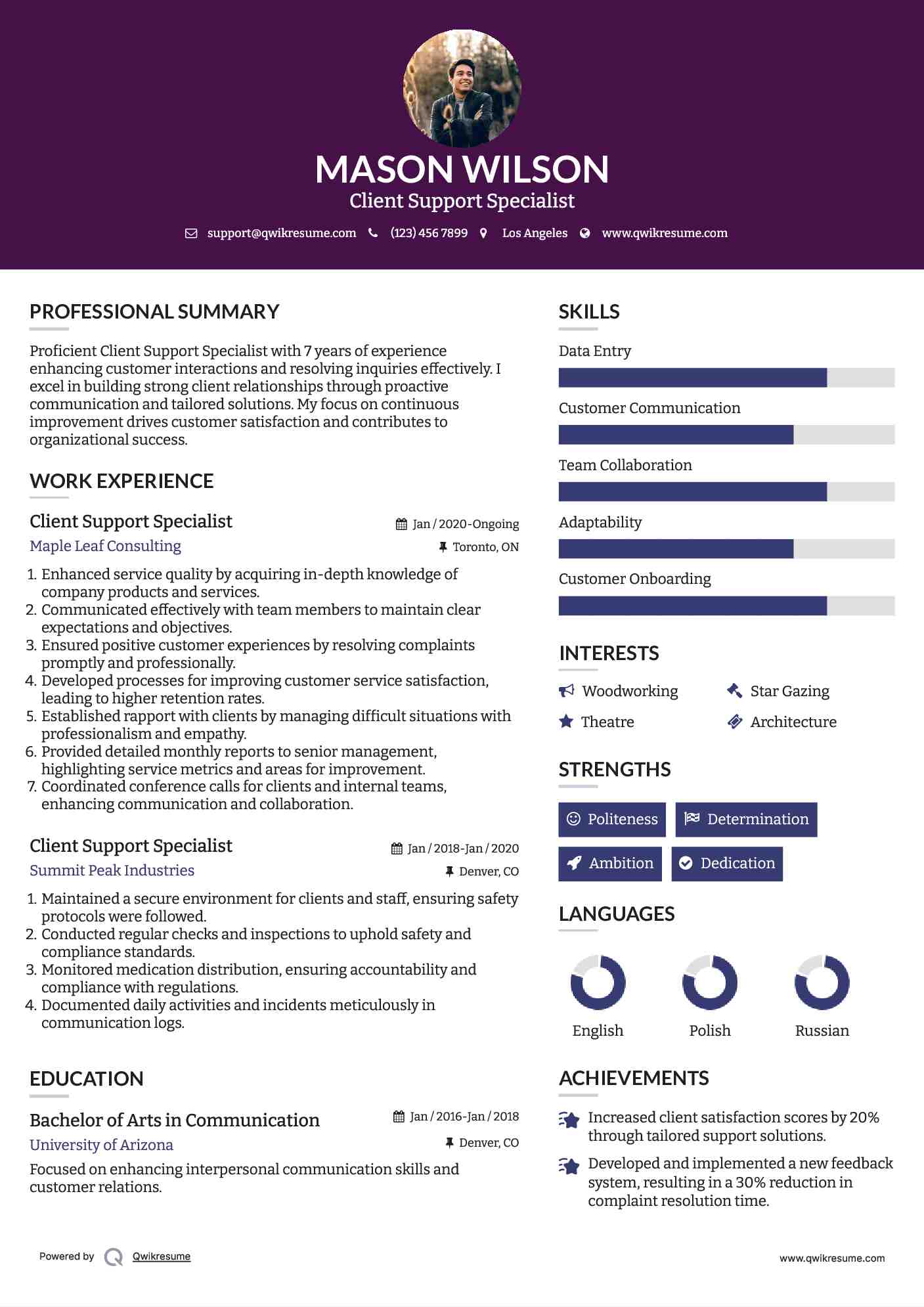 Client Support Specialist Resume Example