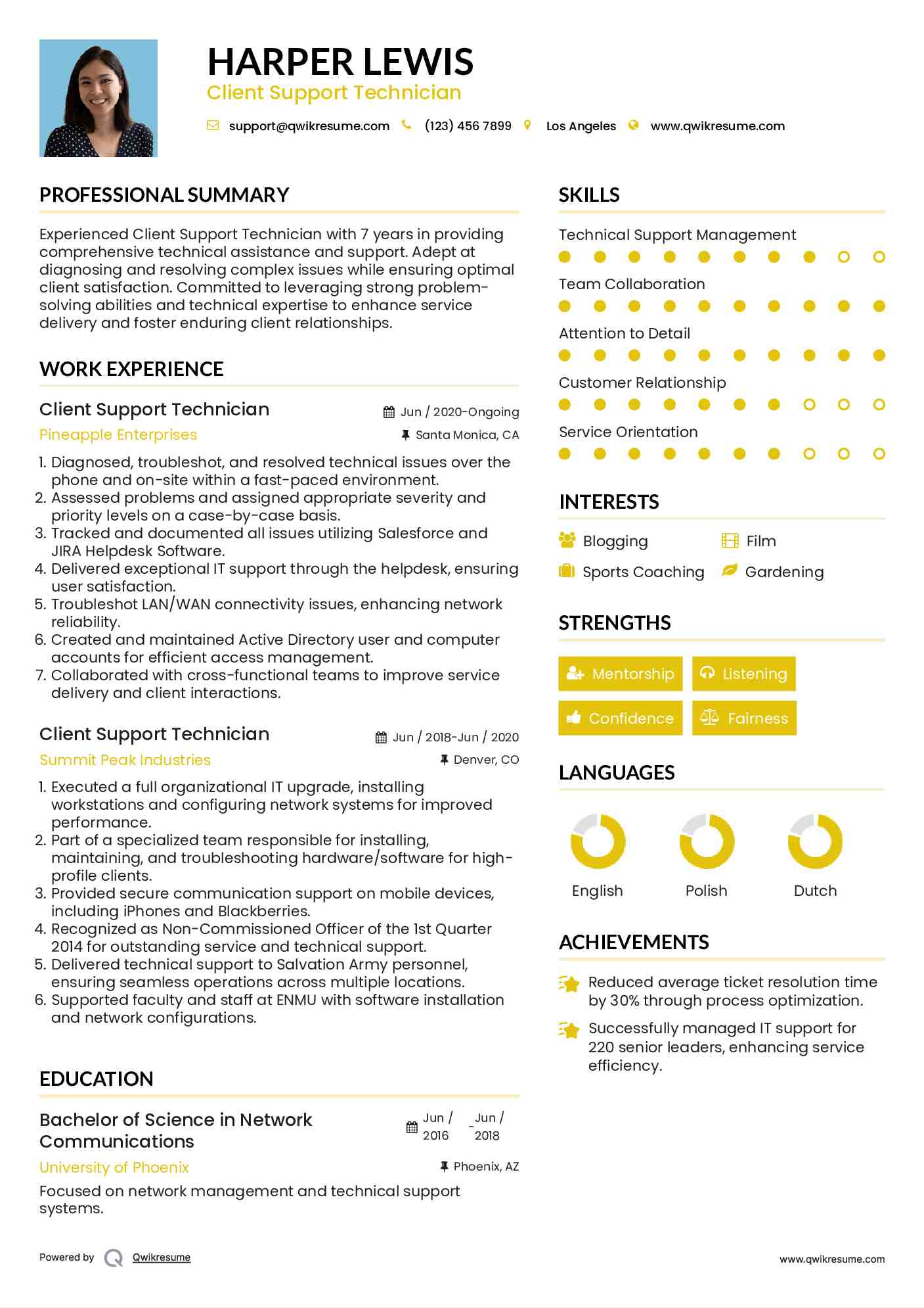 Client Support Technician Resume Format