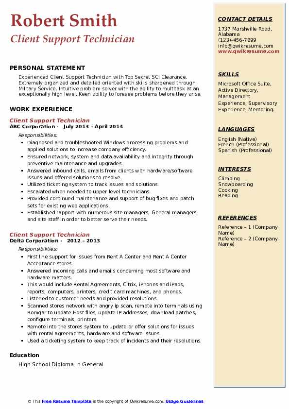 Client Support Technician Resume Samples QwikResume
