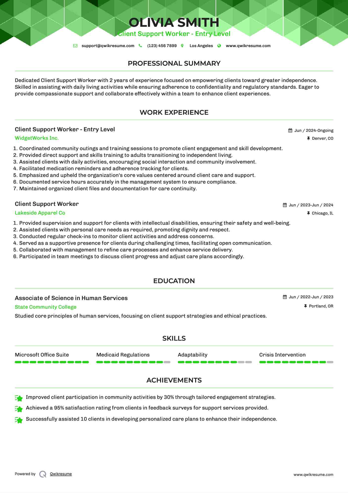 Client Support Worker - Entry Level Resume Sample