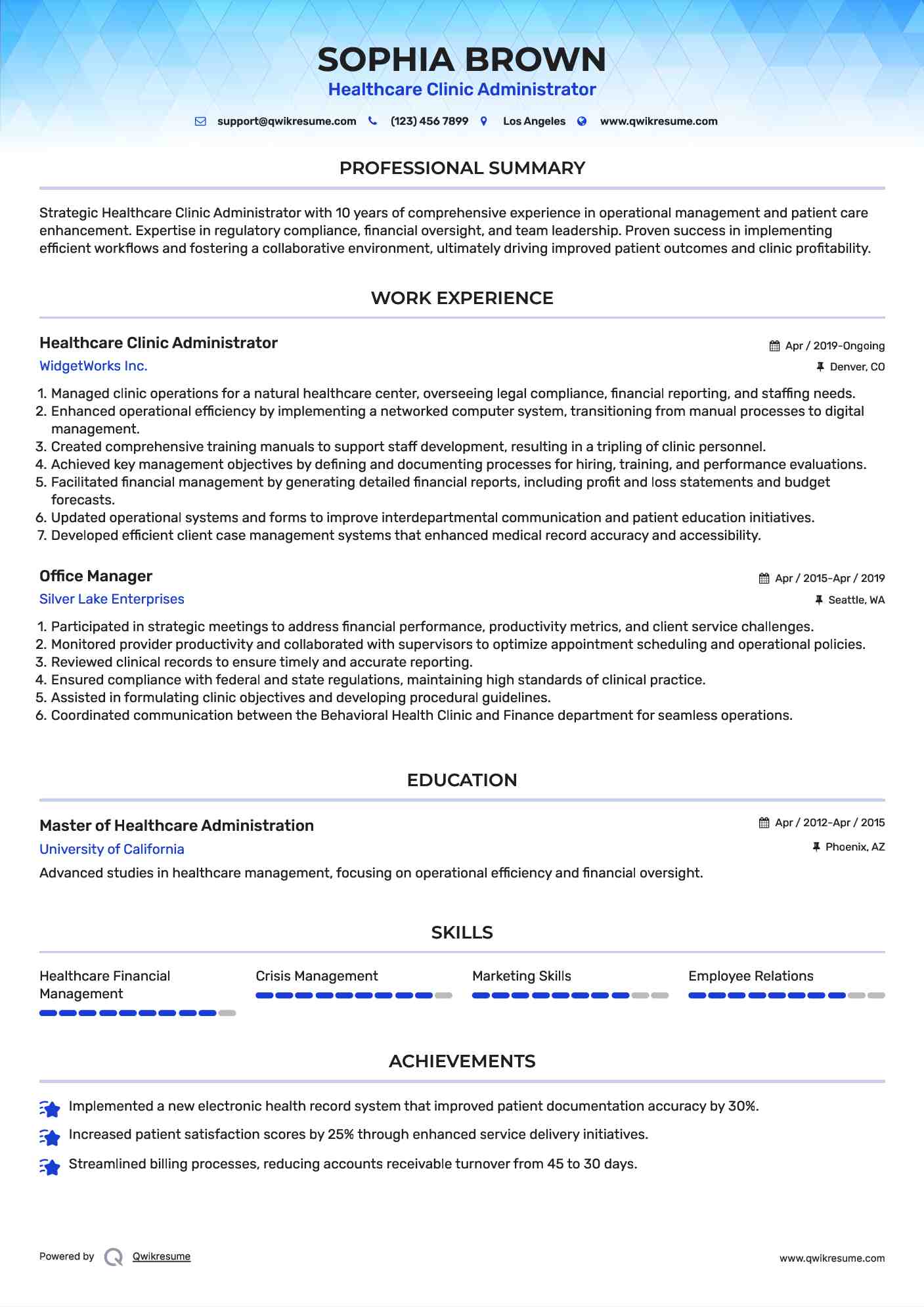 Healthcare Clinic Administrator Resume Example