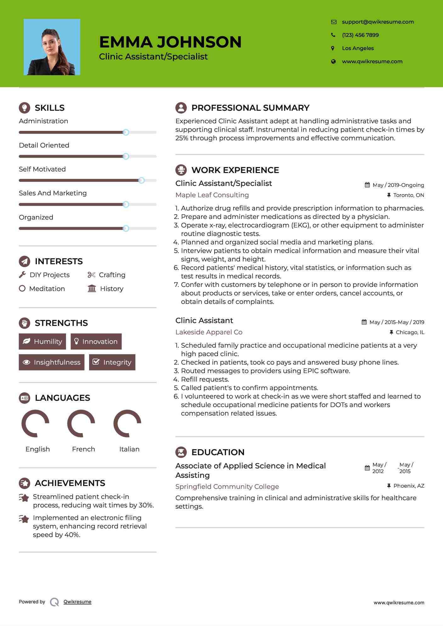 Clinic Assistant/Specialist Resume Model