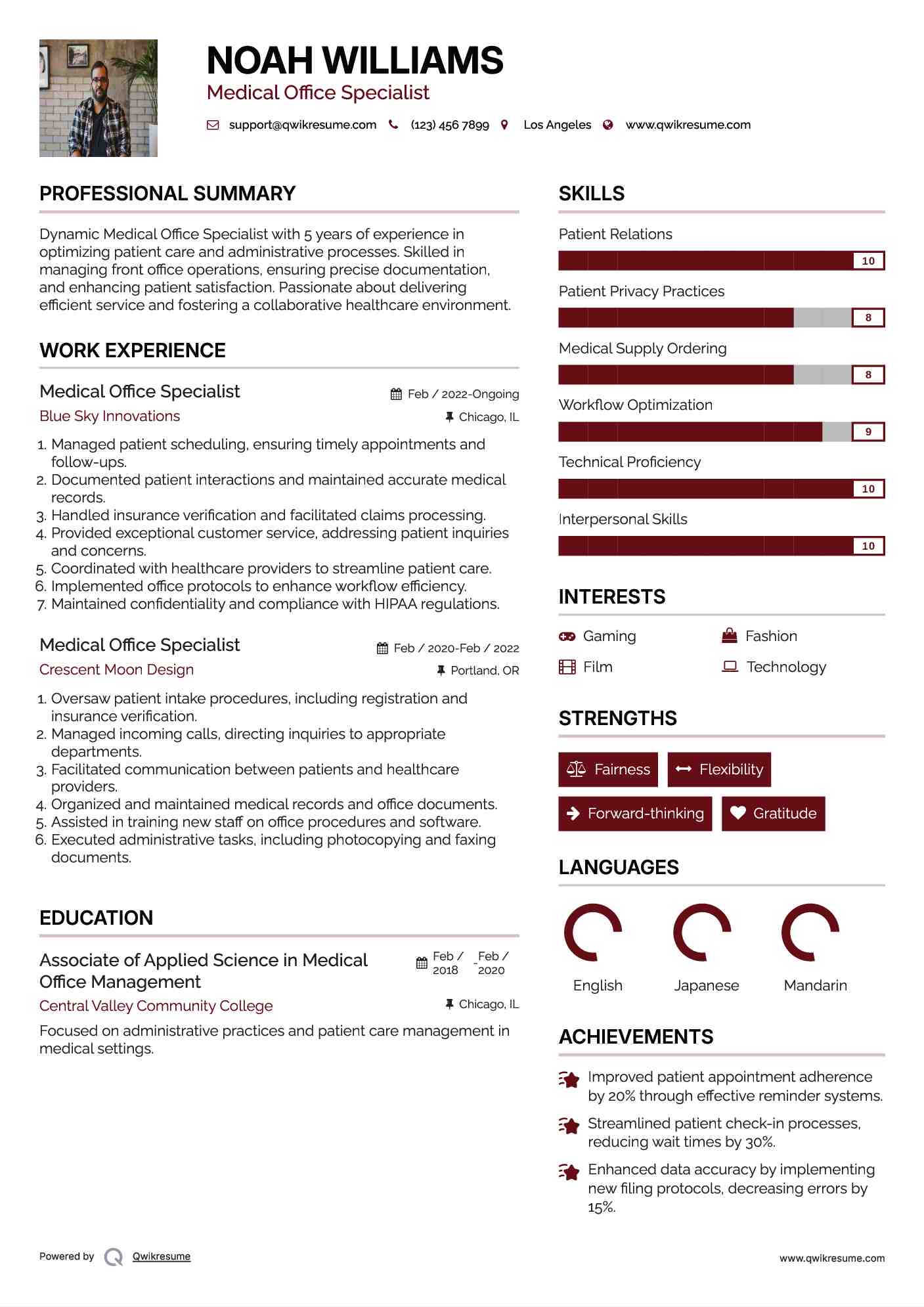 Medical Office Specialist Resume Example