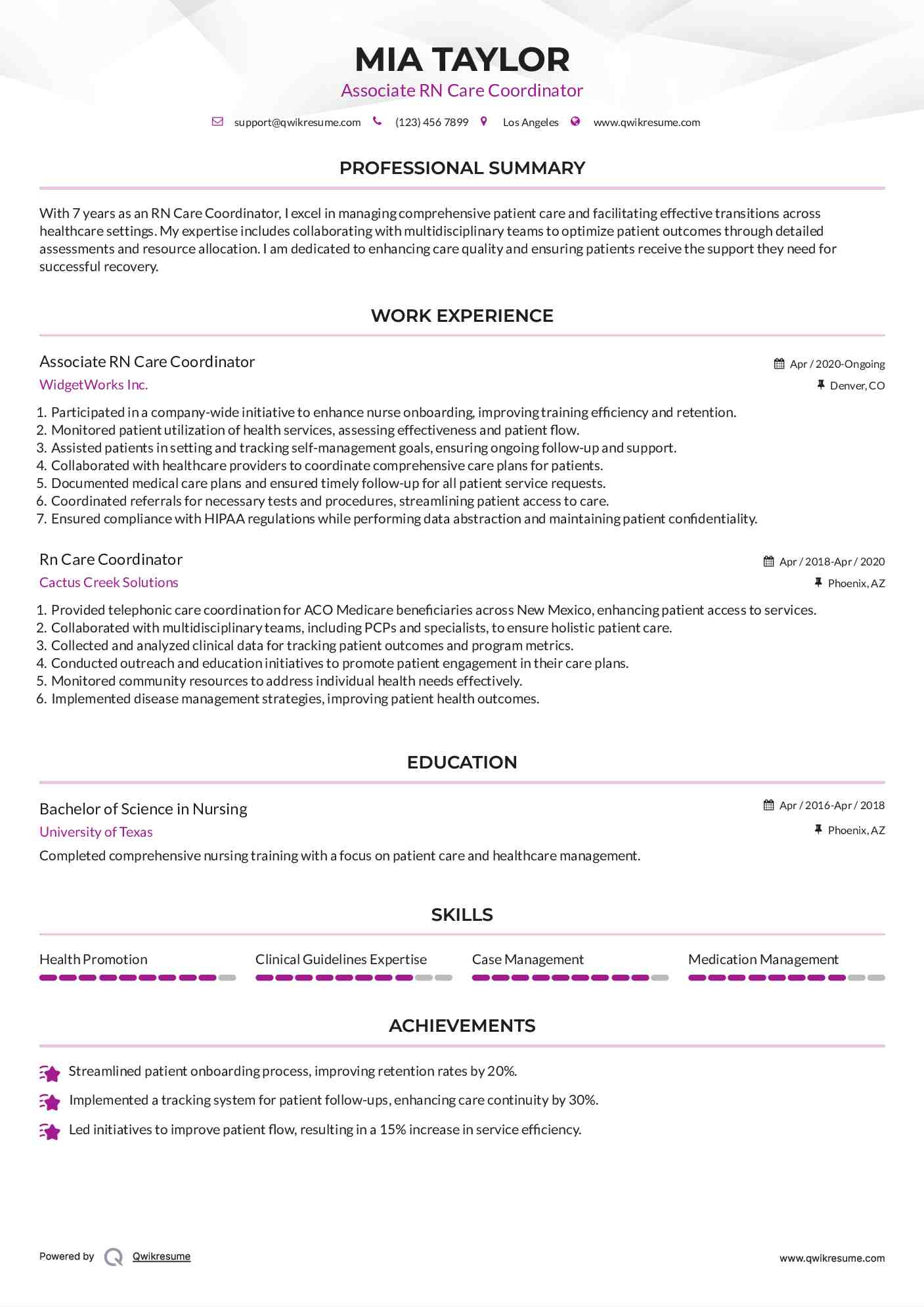 Associate RN Care Coordinator Resume Template
