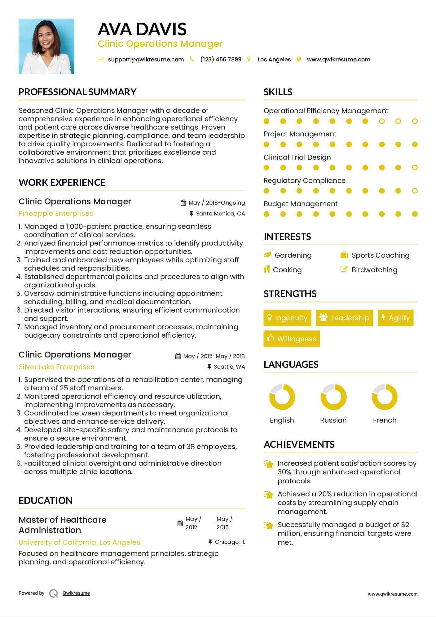 Clinic Operations Manager Resume Format