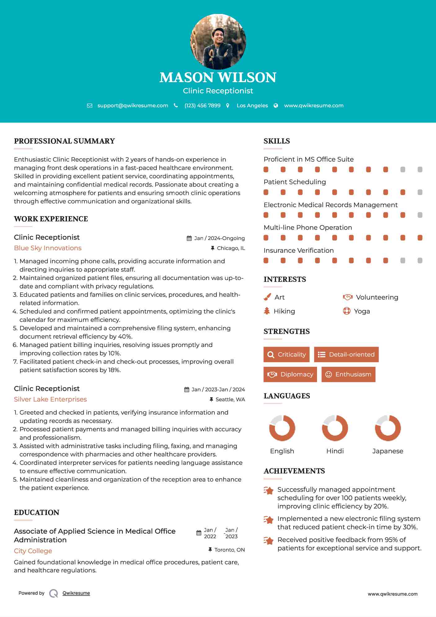 Clinic Receptionist Resume Model