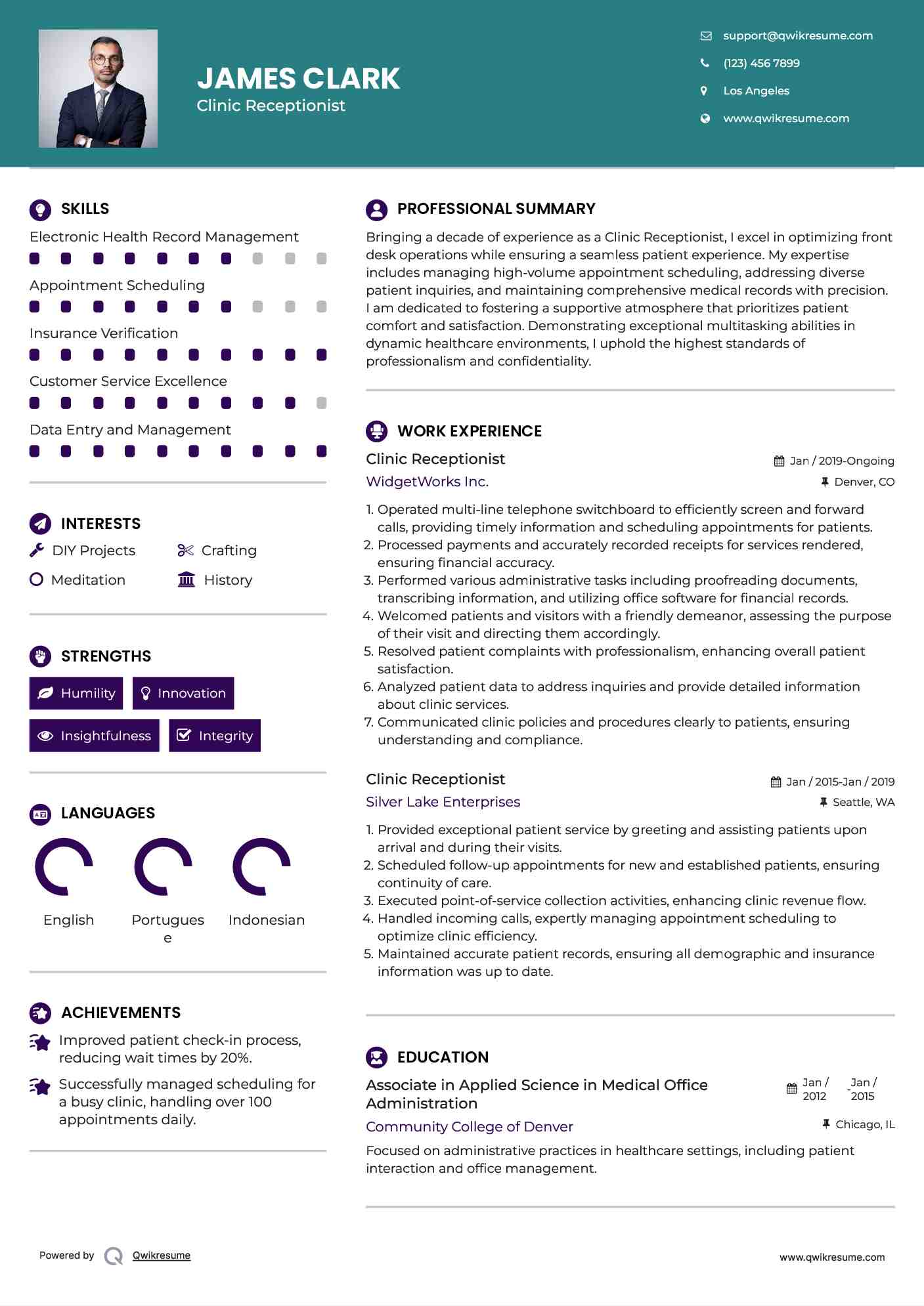 Clinic Receptionist Resume Sample