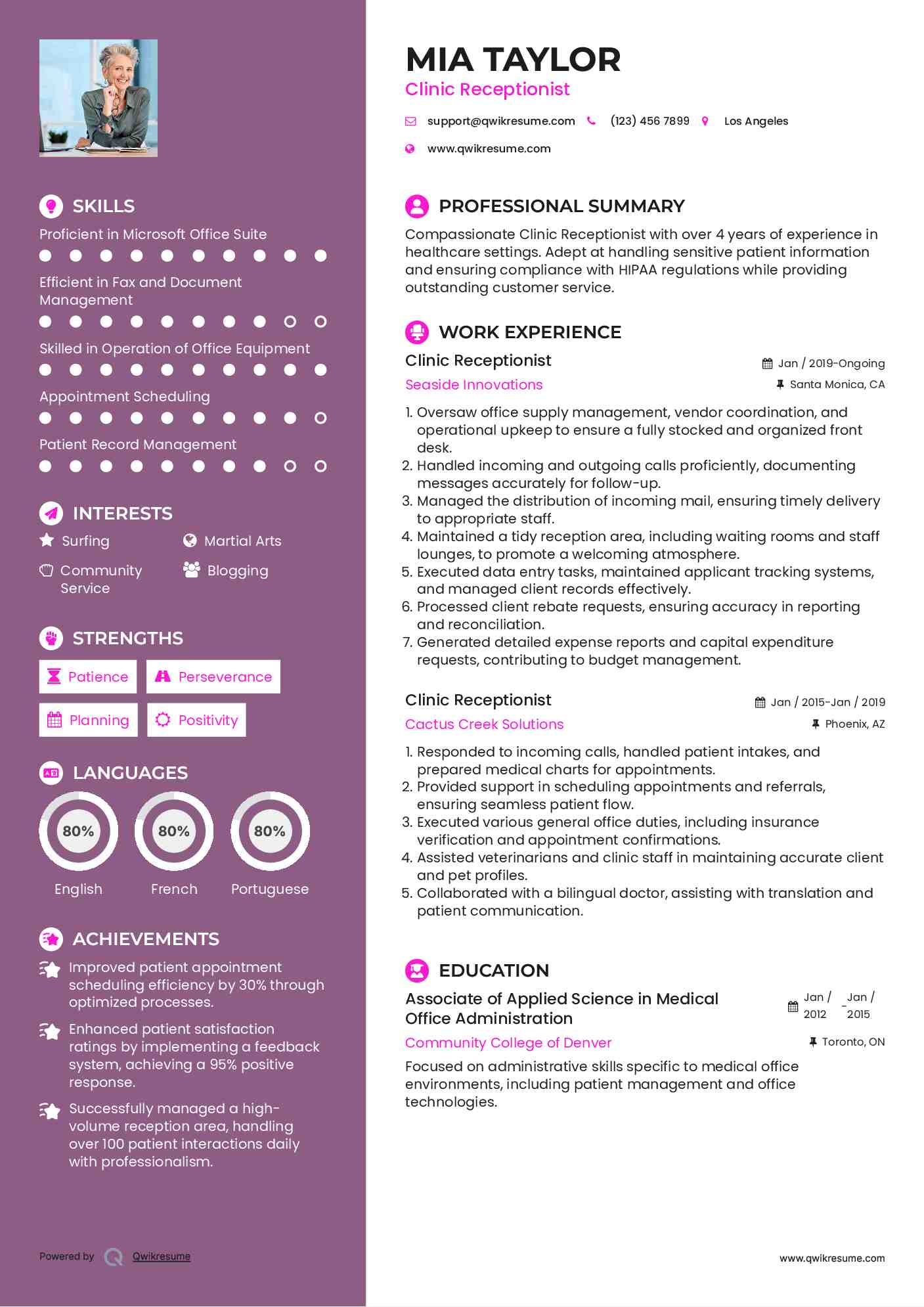 Clinic Receptionist Resume Template