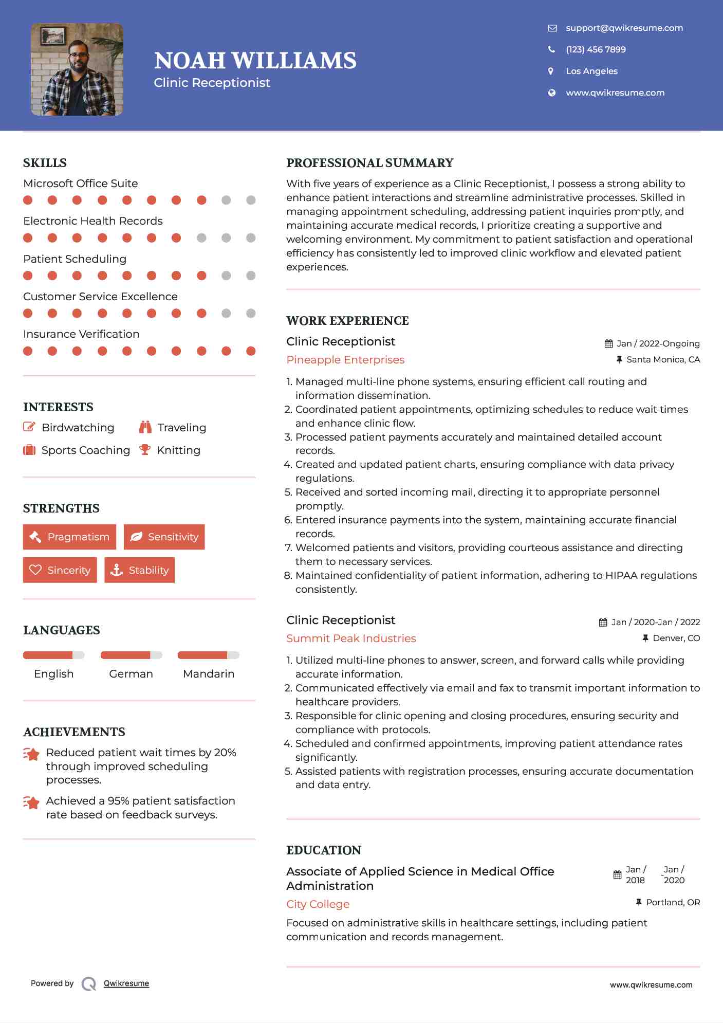 Clinic Receptionist Resume Example