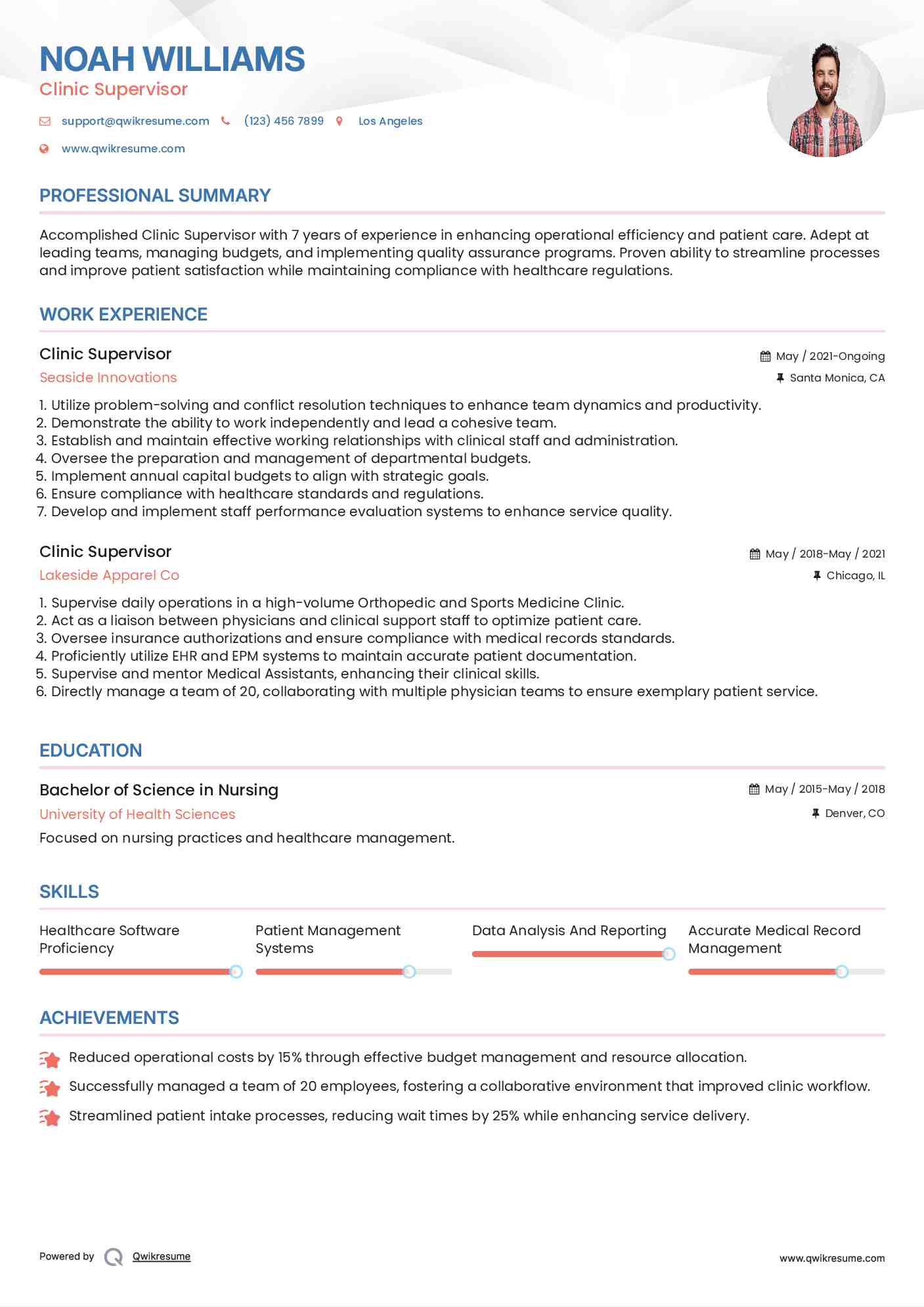 Clinic Supervisor Resume Sample