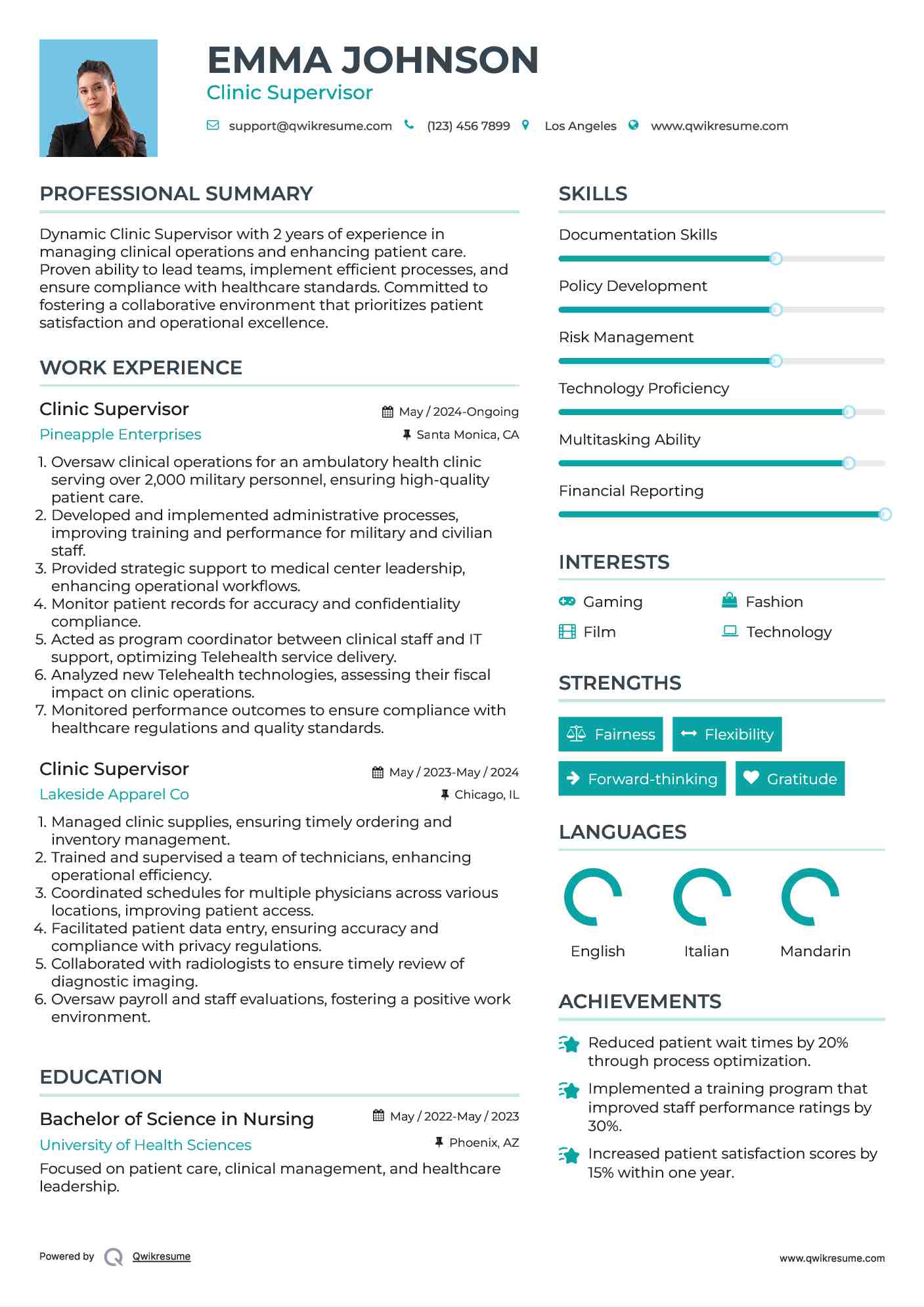Clinic Supervisor Resume Example