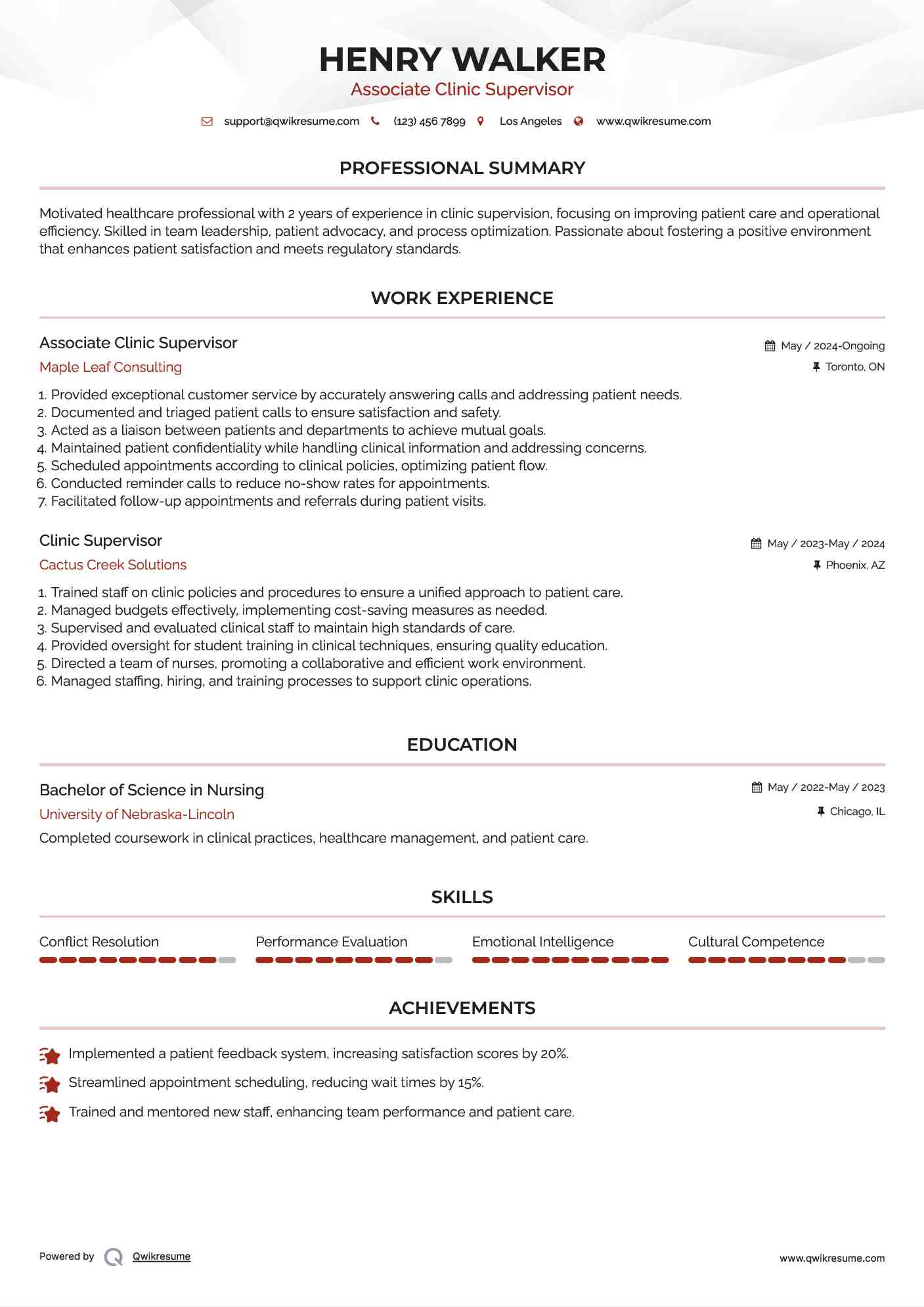 Associate Clinic Supervisor Resume Model