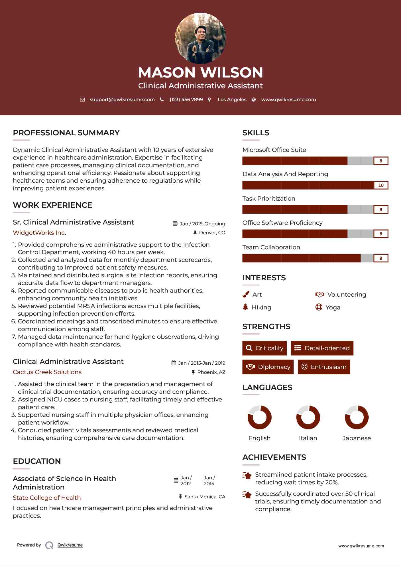 Sr. Clinical Administrative Assistant Resume Model