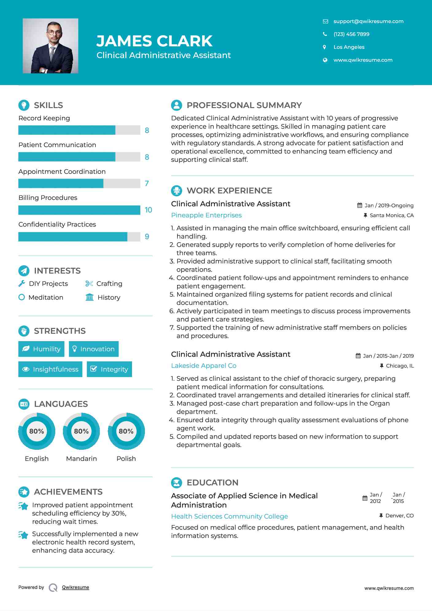 Clinical Administrative Assistant Resume Sample