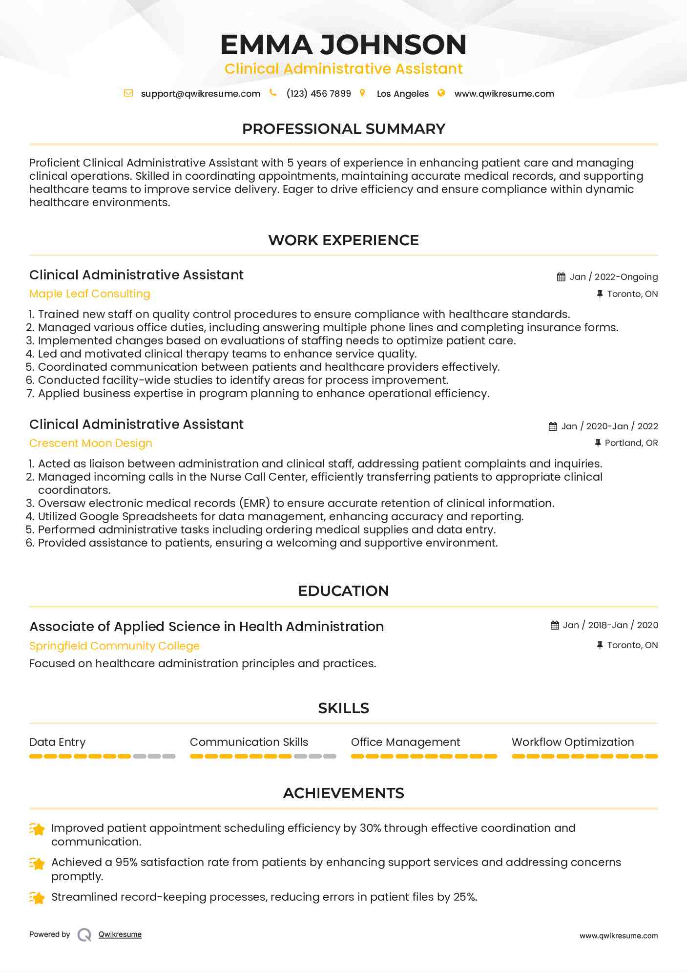 Clinical Administrative Assistant  Resume Sample