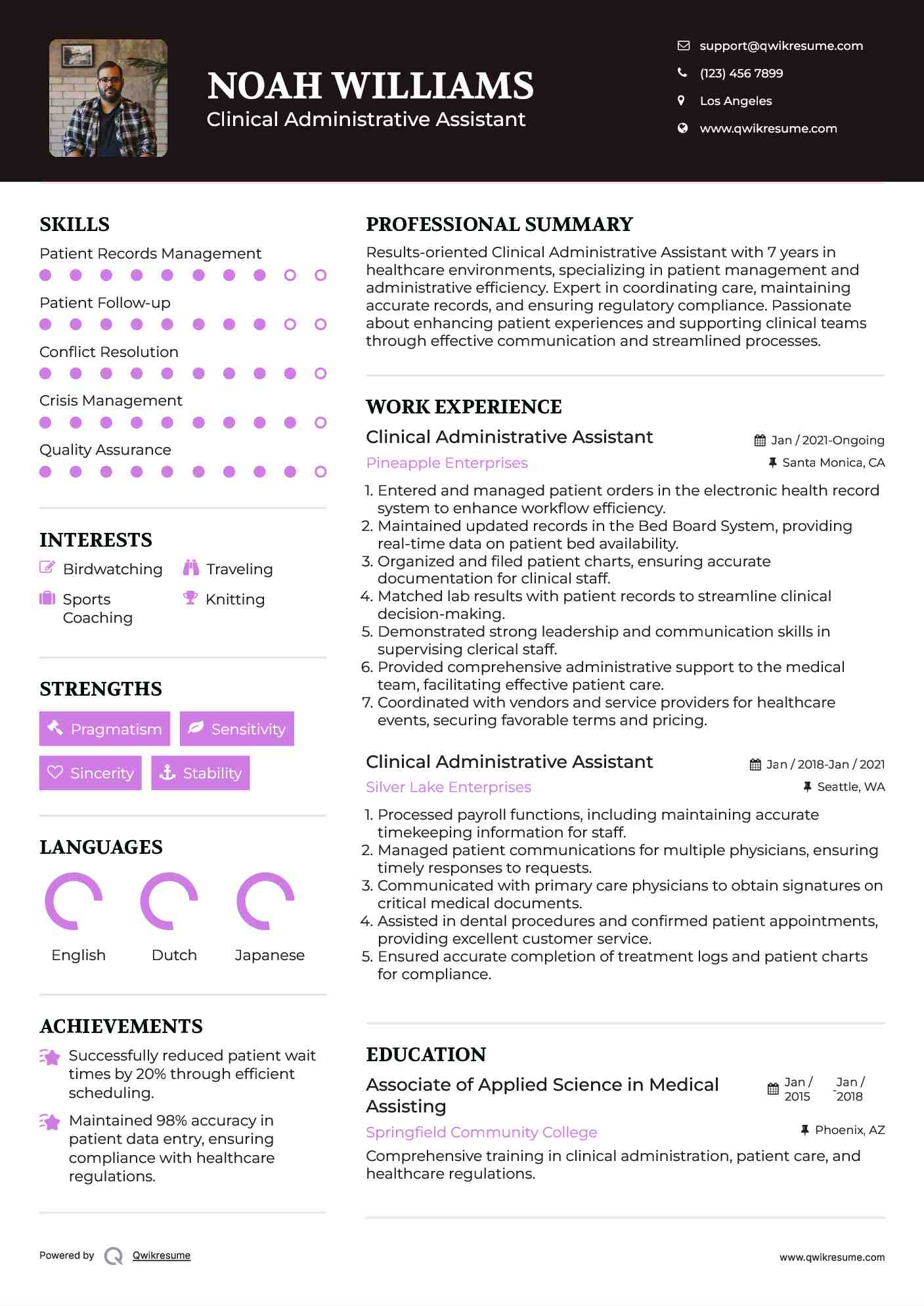 Clinical Administrative Assistant Resume Sample