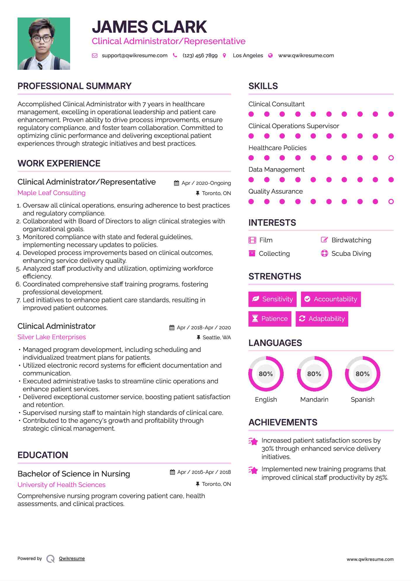 Clinical Administrator/Representative Resume Format