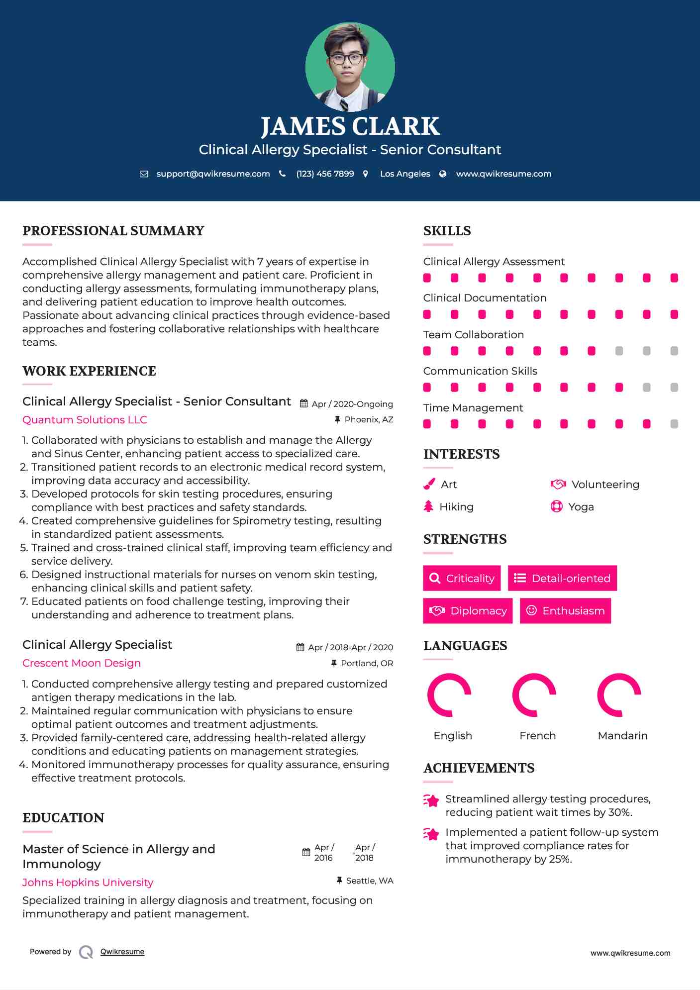 Clinical Allergy Specialist - Senior Consultant Resume Sample