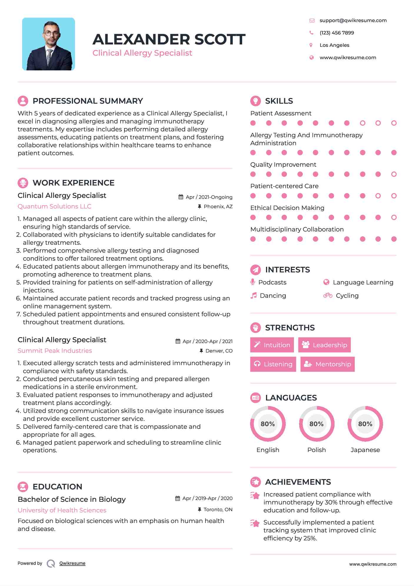 Clinical Allergy Specialist Resume Example