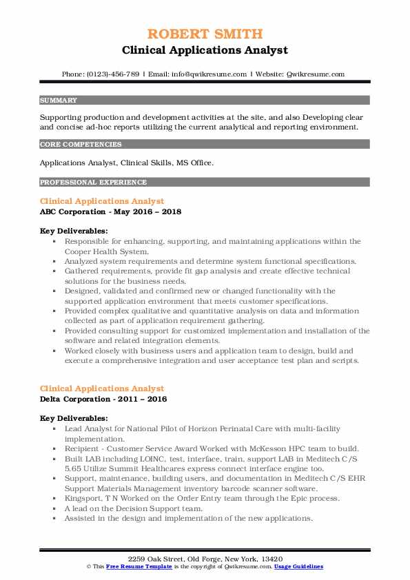 Clinical Applications Analyst Resume Samples QwikResume