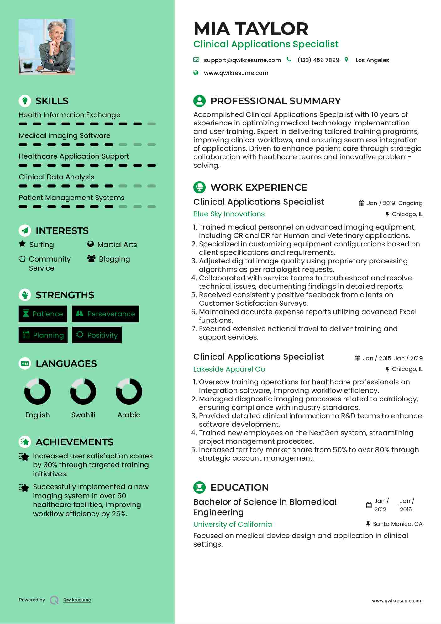 Clinical Applications Specialist Resume Sample