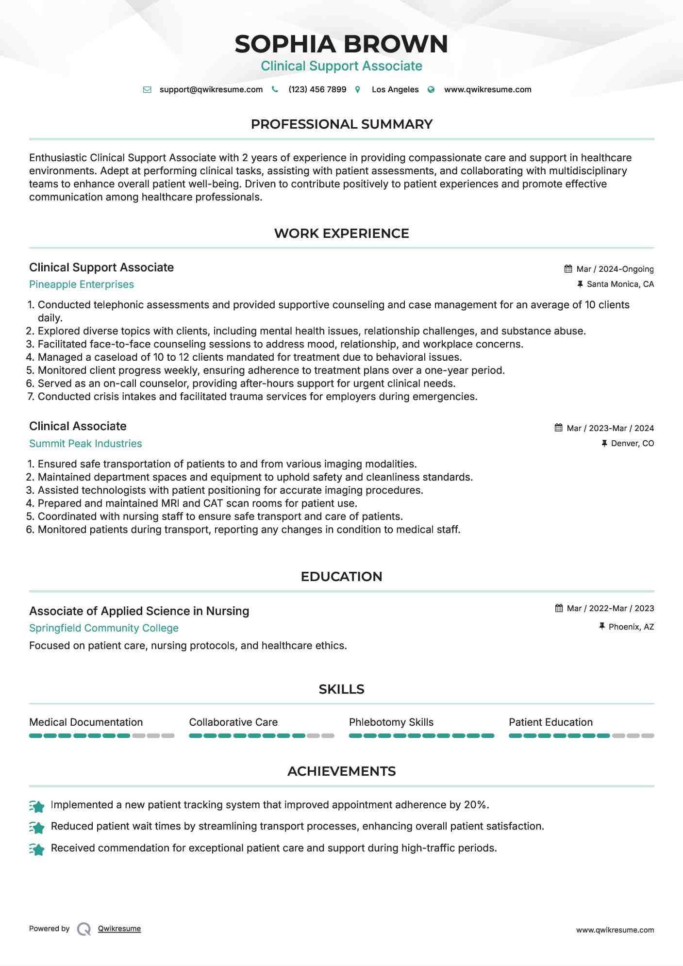 Clinical Support Associate Resume Example