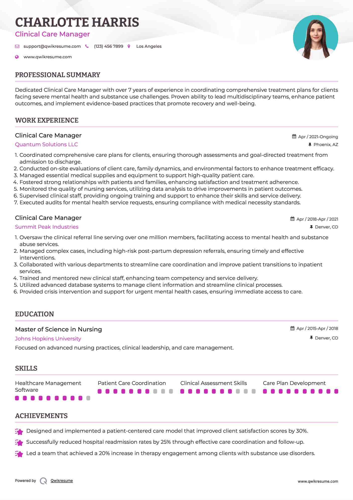 Clinical Care Manager Resume Sample